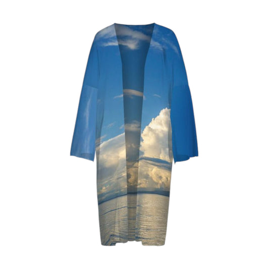 All over print long sleeve kimono featuring a image of Qualicum Beach in the summer.