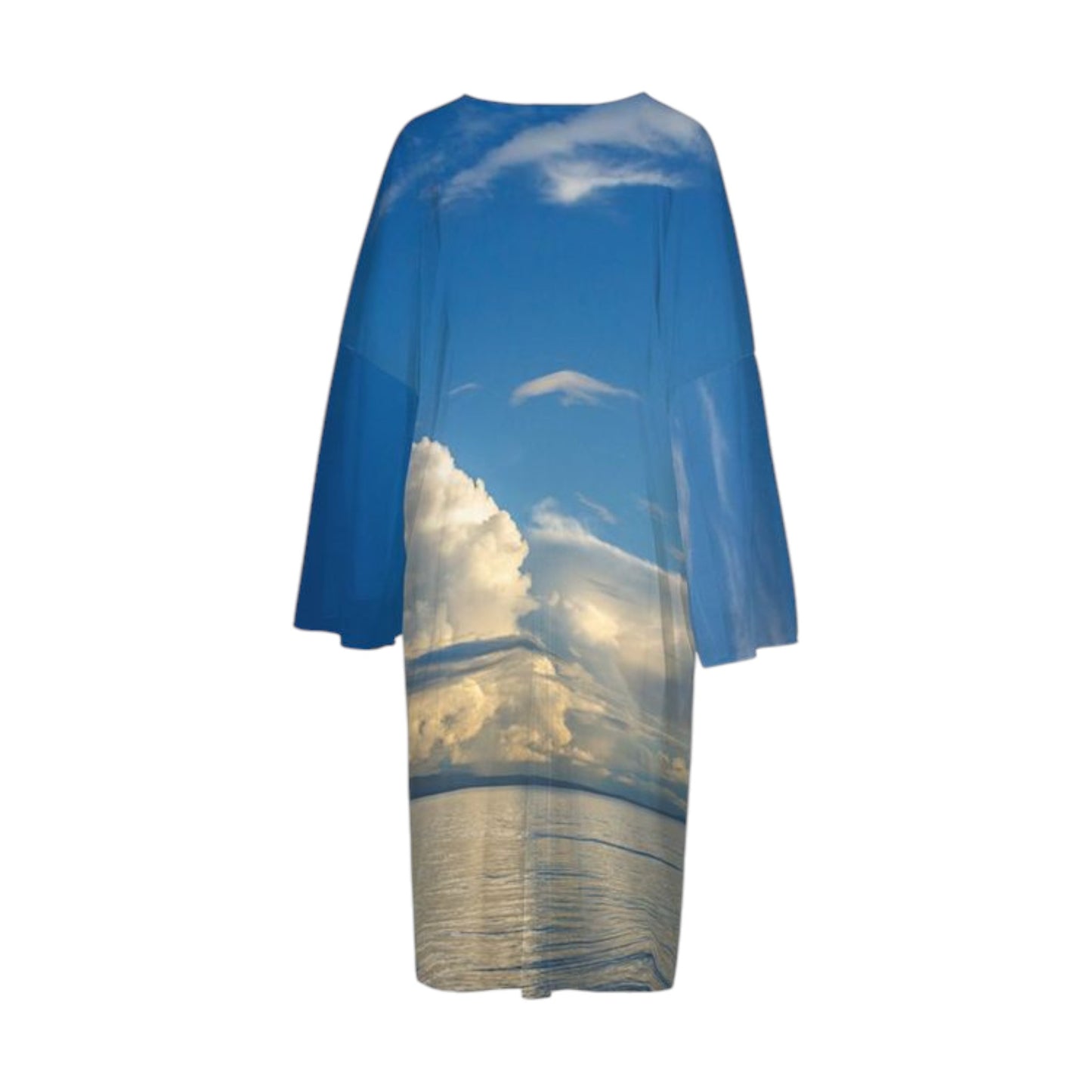 Back side All over print long sleeve kimono featuring a image of Qualicum Beach in the summer.