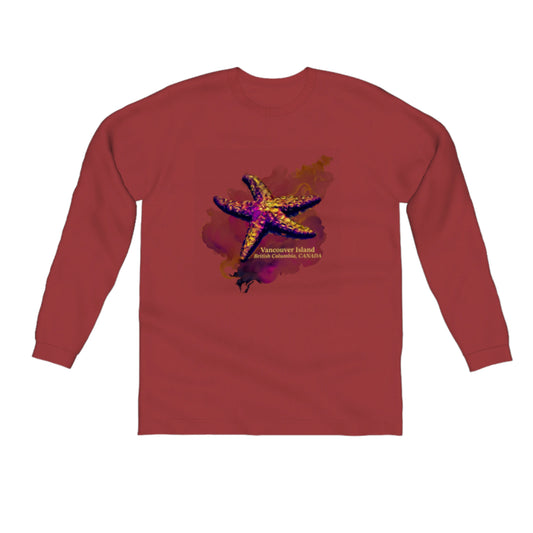 Star Track Vancouver Island BC Canada Comfort Long Sleeve Unisex T-Shirt. The image on the front of the shirt is a starfish on a colourful abstract background. by van isle goddess dot com