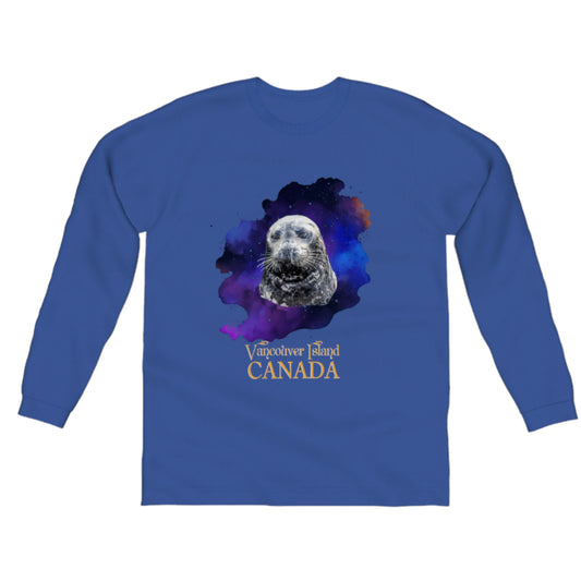 I Love Lucy Vancouver Island Canada Comfort Long Sleeve Unisex T-shirt, the image on the front is of a harbour seal with a colourful abstract background.  the words on the t-shirt read Vancouver Island Canada