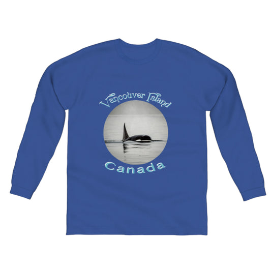 Orca Spray Vancouver Island Canada Comfort Long Sleeve Unisex T-shirt. The image is of a orca with the words vancouver island canada. by van isle goddess dot com