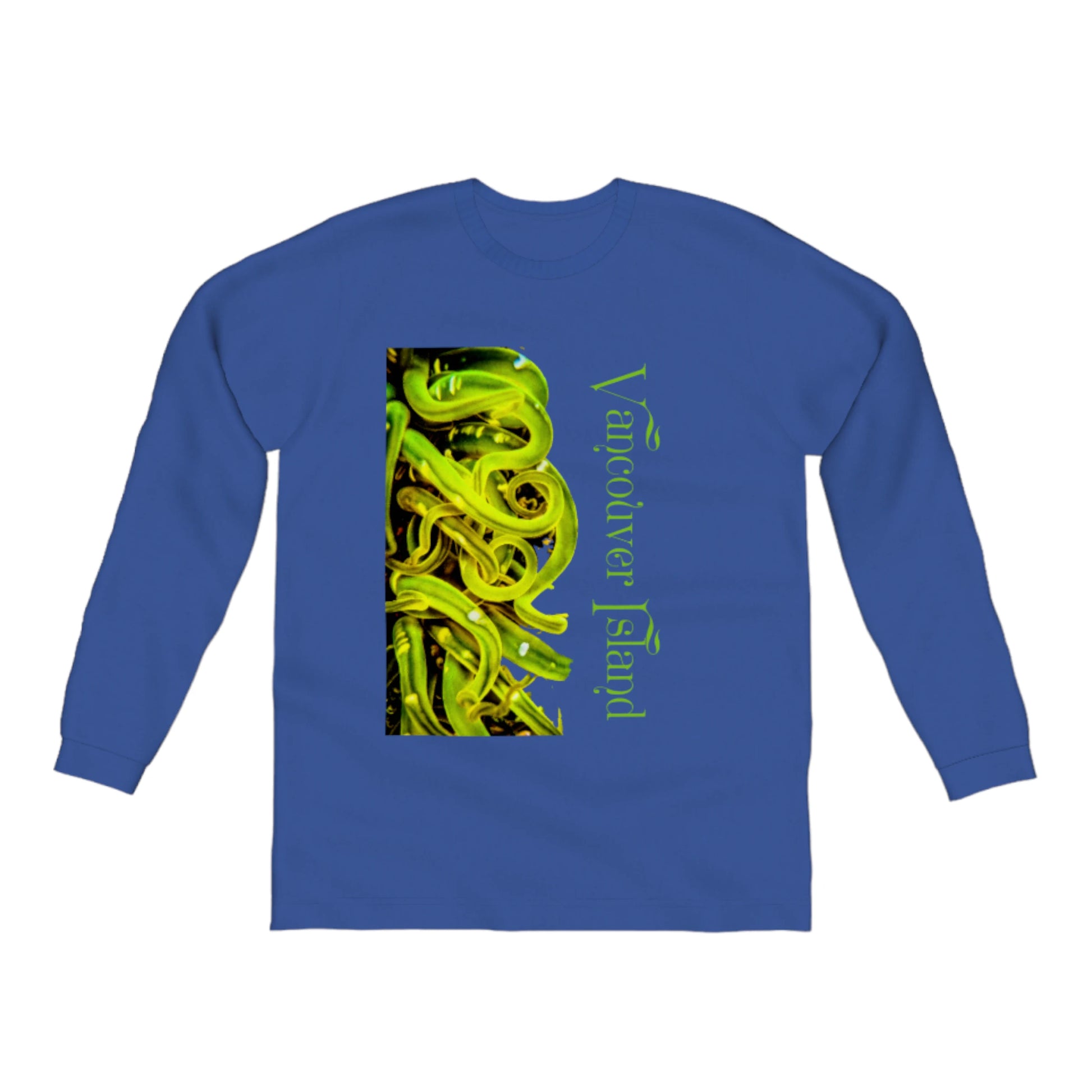 Vancouver Island Sea Anemone Comfort Long Sleeve Unisex T-Shirt. The image is of a green sea anemone with its tentacles swaying in the ocean water at low tide.  The words on the t shirt read Vancouver Island. by van isle goddess dot com