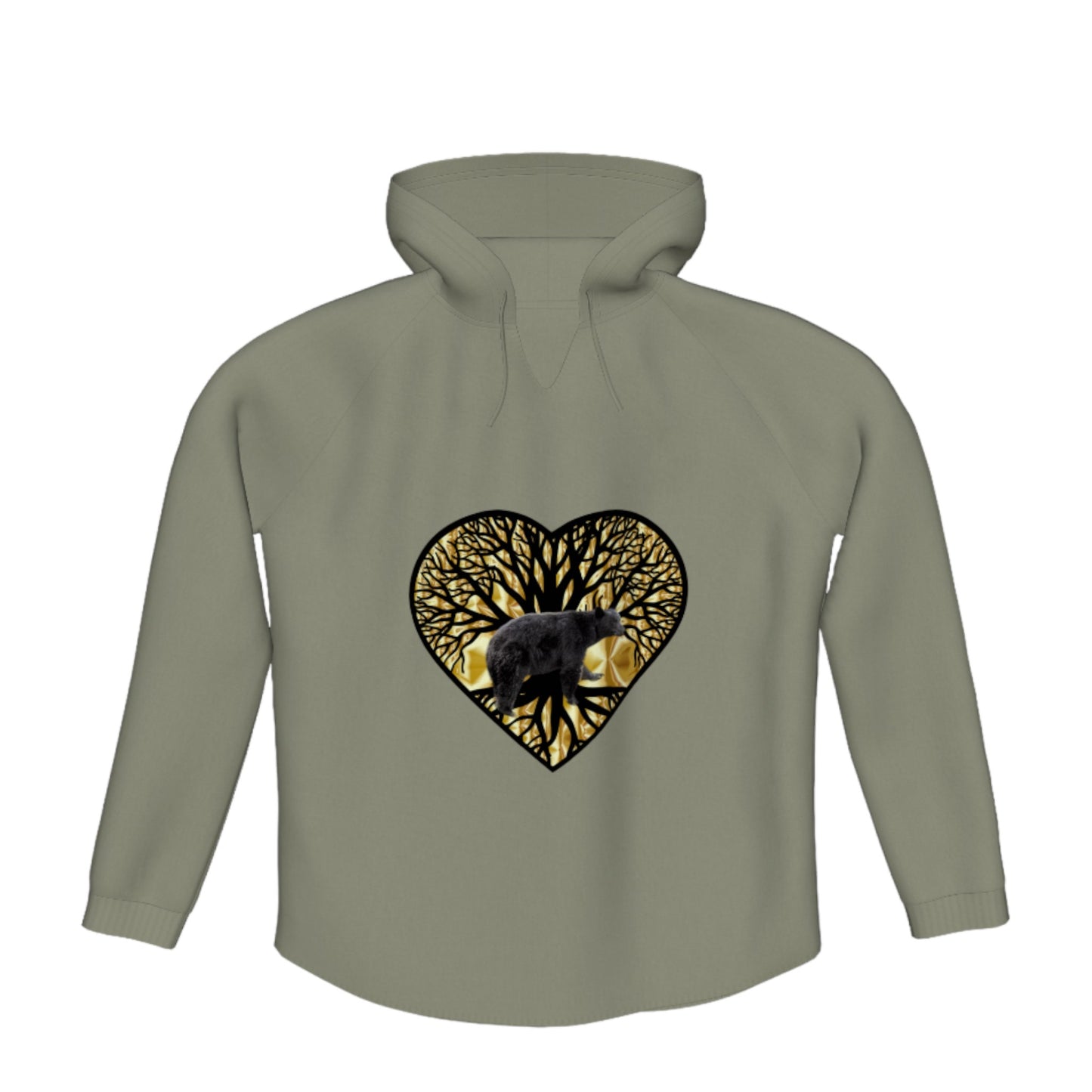 Bear Heart Flow Pullover Hoodie. The image is of a heart with a tree of life and a bear on a gold background.