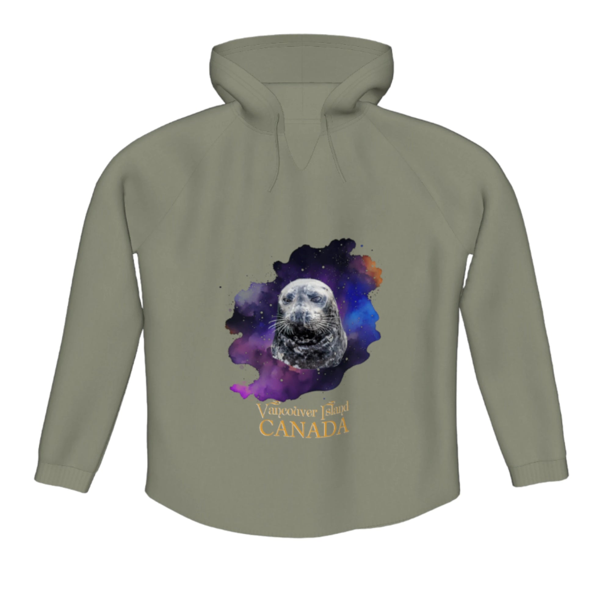 I Love Lucy Vancouver Island Canada Flow Pullover Hoodie. The image is of a harbour seal with a colourful abstract background. the words read Vancouver Island Canada