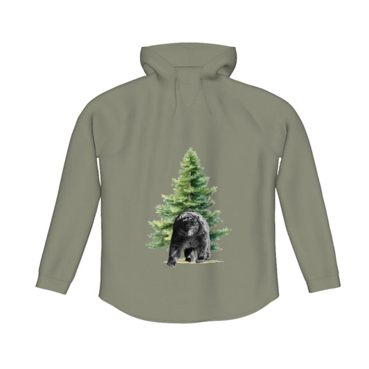 Observant Bear Flow Pullover Hoodie. The image is of a bear standing in front of a tree.