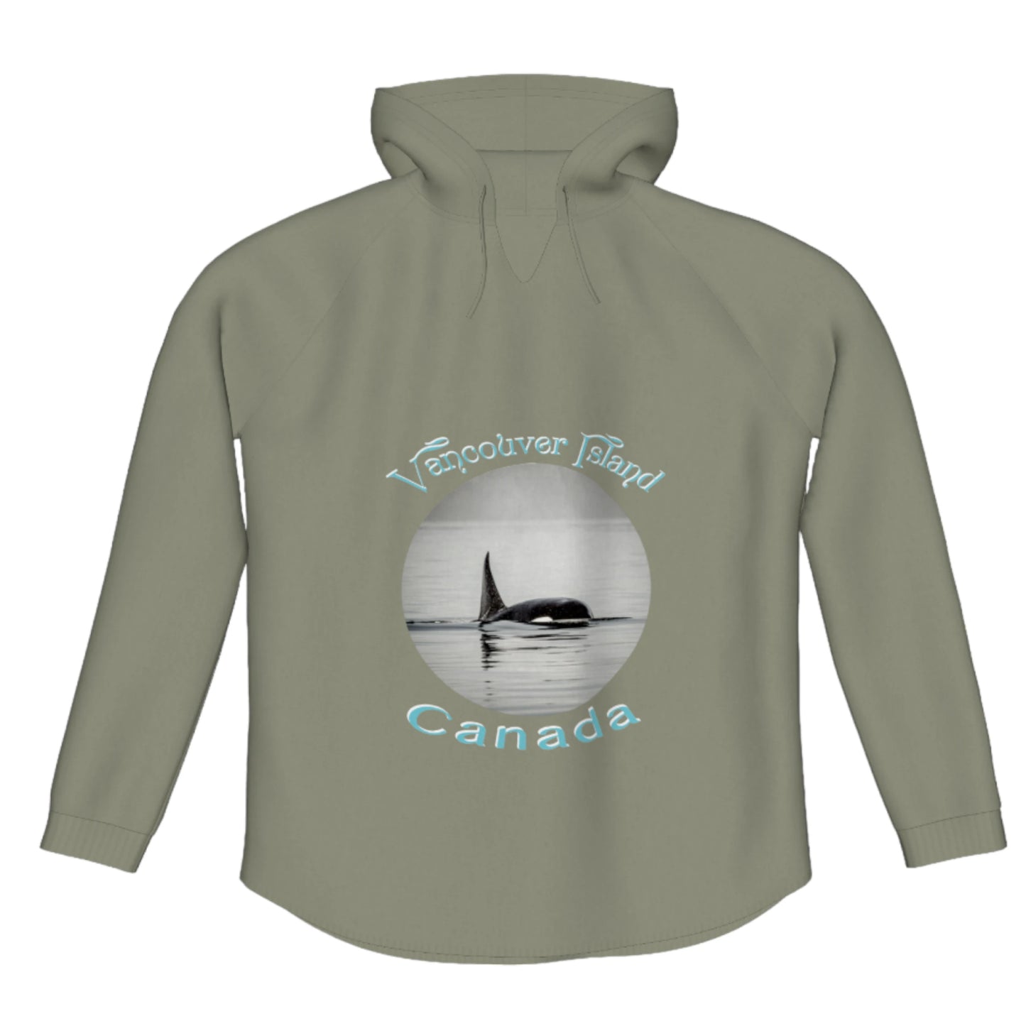 Orca Spray Vancouver Island Canada Flow Pullover Hoodie. The image is of a orca swimming in the johnstone strait. The words read Vancouver Island Canada