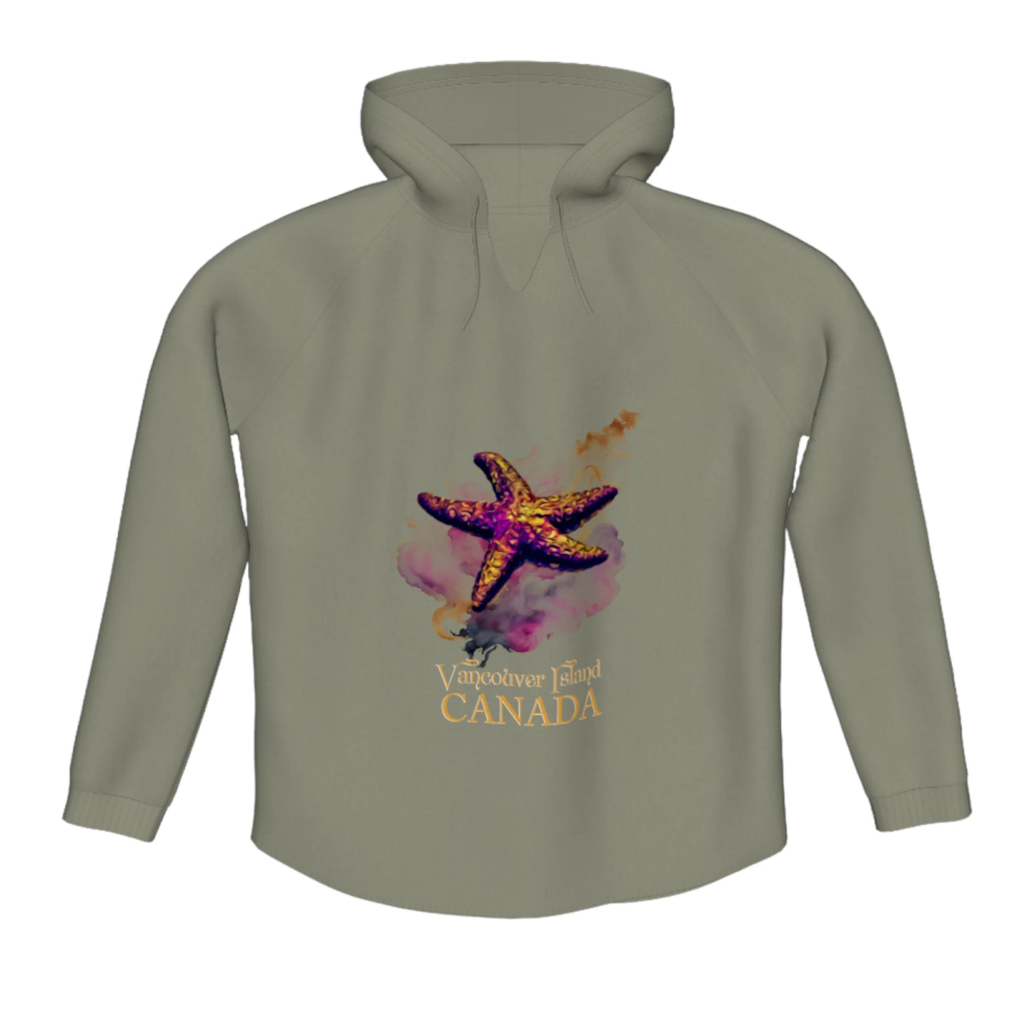 Star Track Vancouver Island Canada Flow Pullover Hoodie. The image is of a starfish on a colourful abstract background.