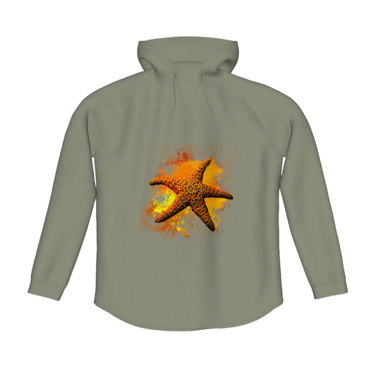 Starfish Orange Flow Pullover Hoodie. The image is of a starfish with a colourful abstract background.