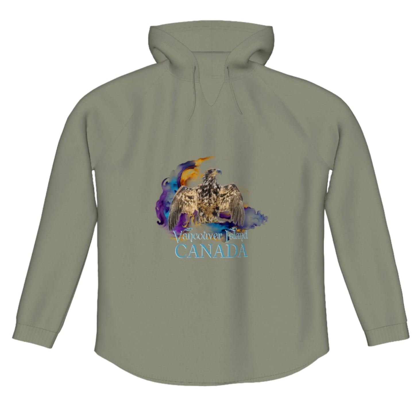 Thunderbird Vancouver Island Canada Flow Pullover Hoodie. The image is of a eagle in the thunderbird position with a colourful abstract background.  The words read Vancouver Island Canada.