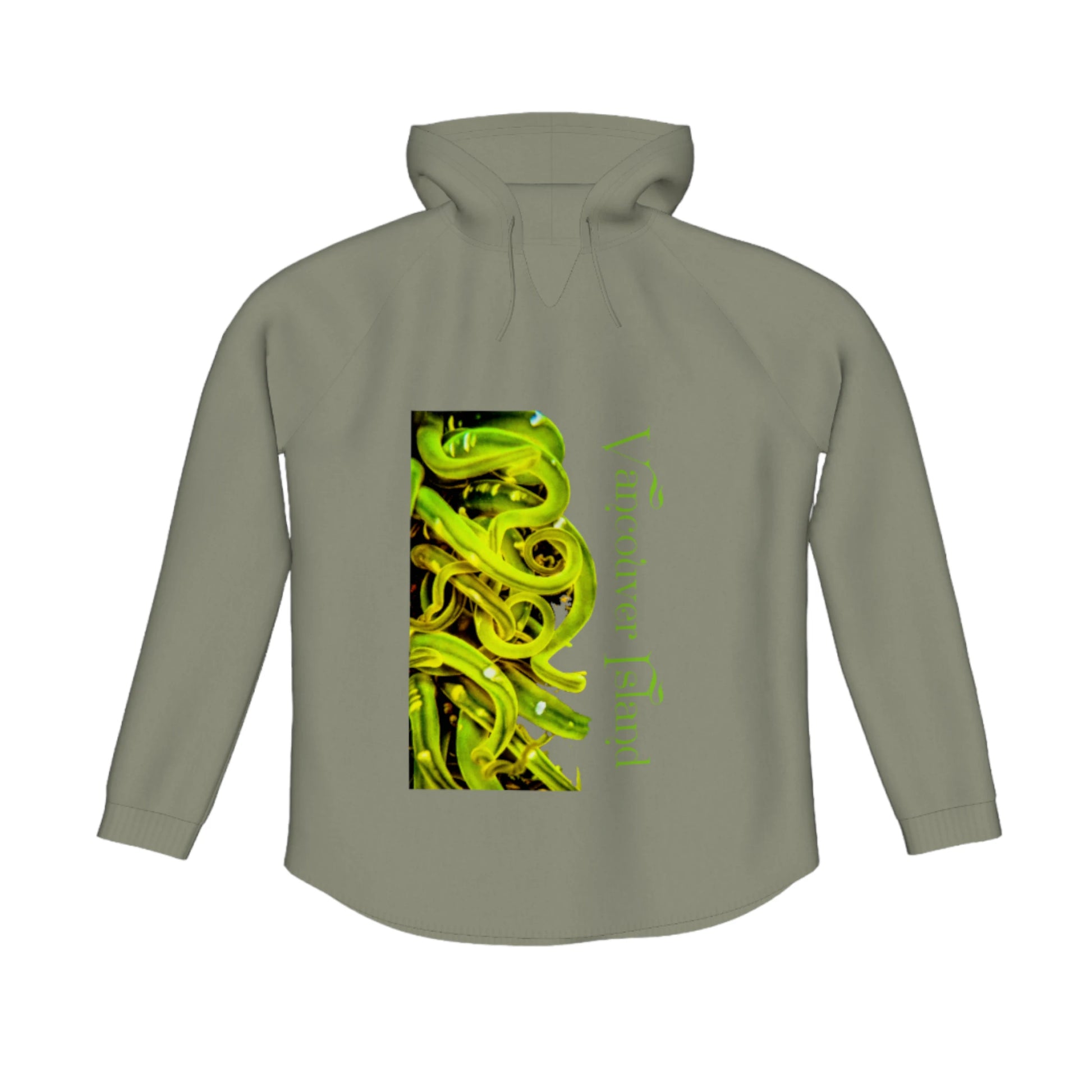 Vancouver Island Sea Anemone Flow Pullover Hoodie. The image is of a green sea anemone underwater at low tide. The words read Vancouver Island.