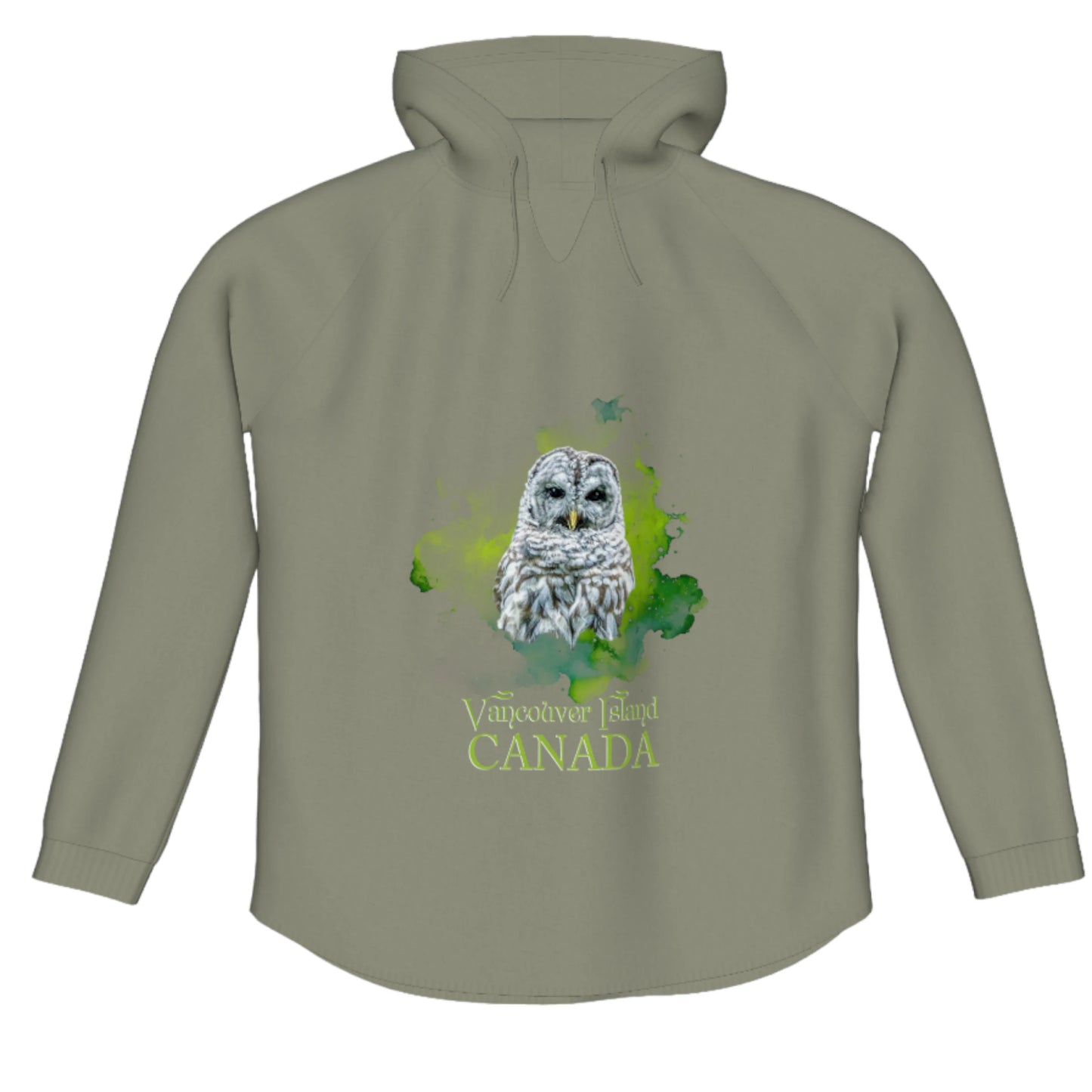 Wise Owl Vancouver Island Canada Flow Pullover Hoodie. The image is of a barred owl with a green colourful abstract background.  The words say Vancouver Island Canada.