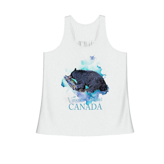 Salmon Bear Flow Racerback Tank Top.  The image on the front shows two sea lions on a abstract ocean blue background. By van isle goddess dot com