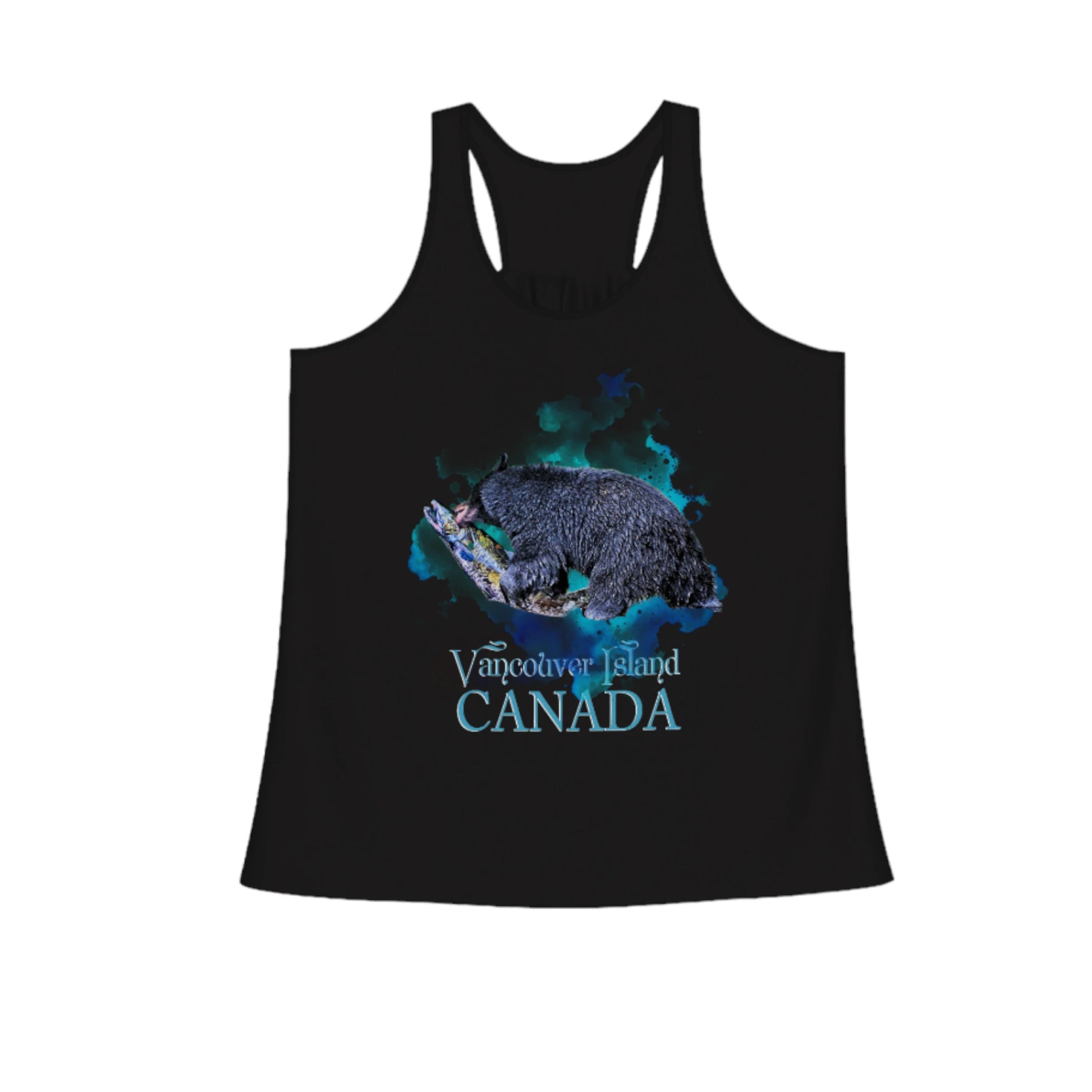 Salmon Bear Flow Racerback Tank Top.  The image on the front shows two sea lions on a abstract ocean blue background. By van isle goddess dot com