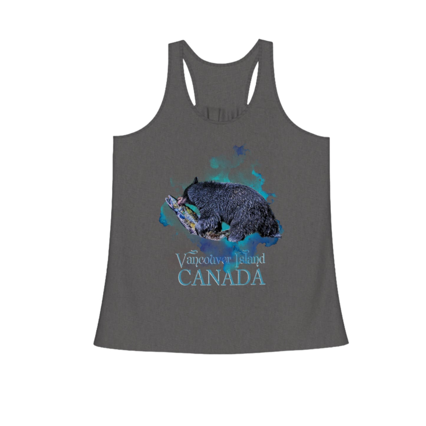 Salmon Bear Flow Racerback Tank Top.  The image on the front shows two sea lions on a abstract ocean blue background. By van isle goddess dot com