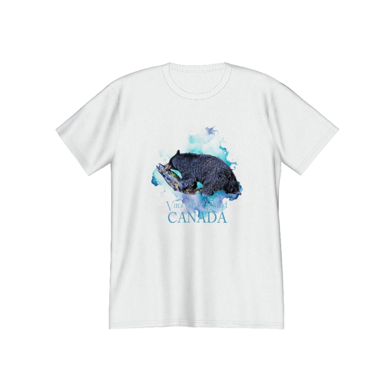 Salmon Bear Vancouver Island Canada souvenir premium unisex t-shirt.  the image on the front of the shirt is of a bear with a fresh caught salmon with a abstract of blues and green colours in the background. by van isle goddess dot com