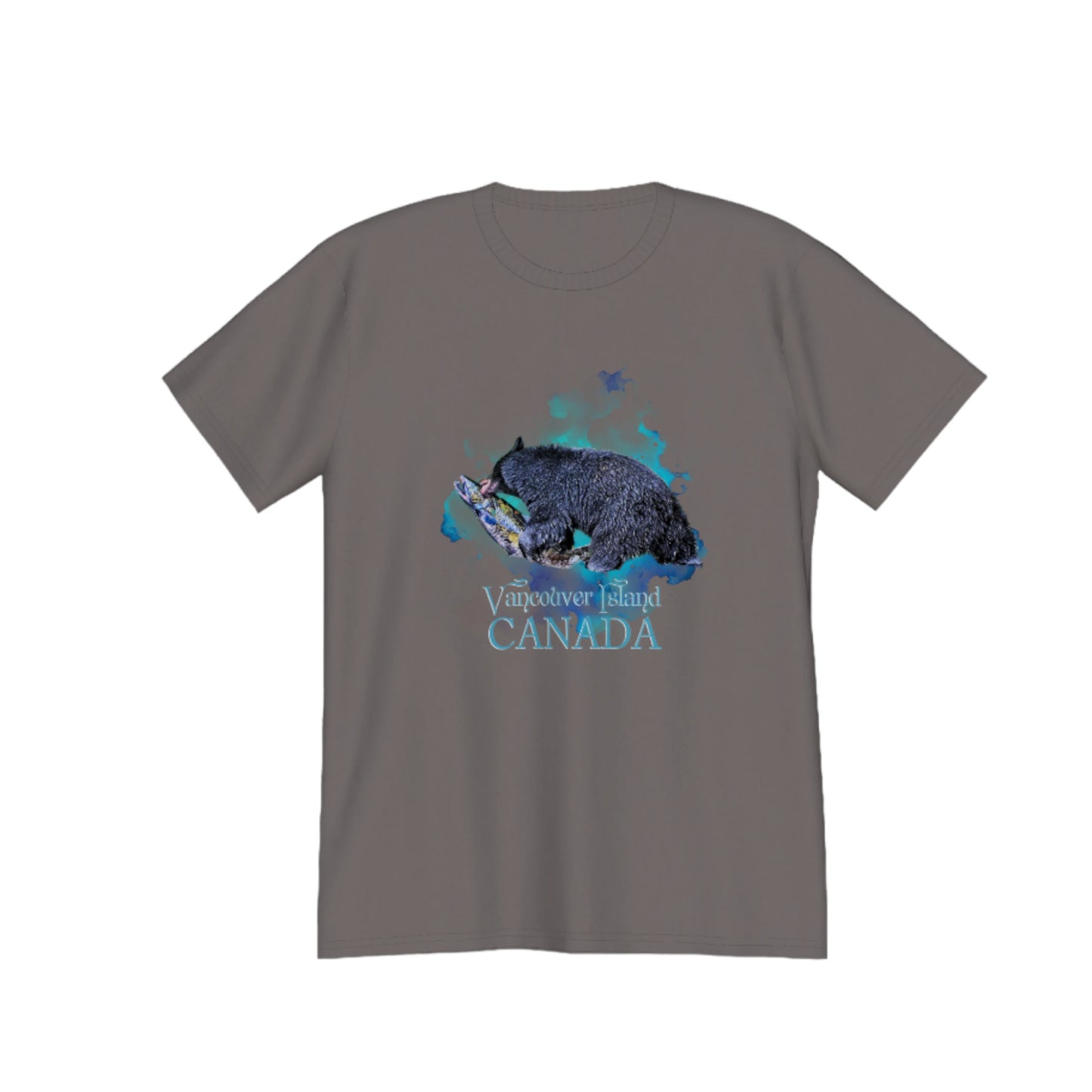 Salmon Bear Vancouver Island Canada souvenir premium unisex t-shirt.  the image on the front of the shirt is of a bear with a fresh caught salmon with a abstract of blues and green colours in the background. by van isle goddess dot com