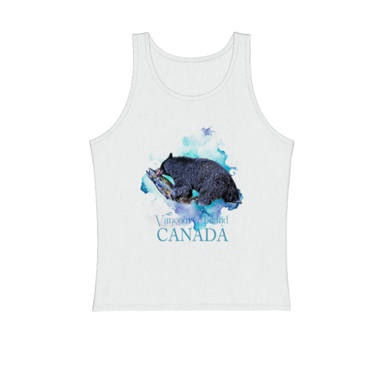 Salmon Bear Premium Unisex Tank Top in white.  The image on the front of the top is of a black bear with a fresh caught salmon in Thornton Creek, Ucluelet. by van isle goddess dot com