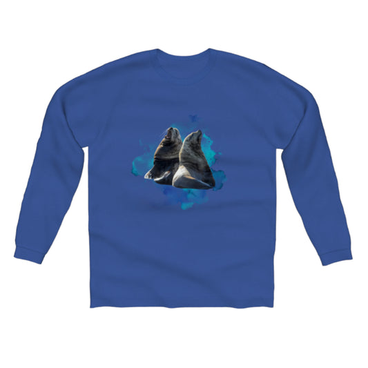 Sea Lions Communication Comfort Long Sleeve Unisex T-shirt. The image on the shirt is of two sea lions with a blue abstract of colours. by van isle goddess dot com