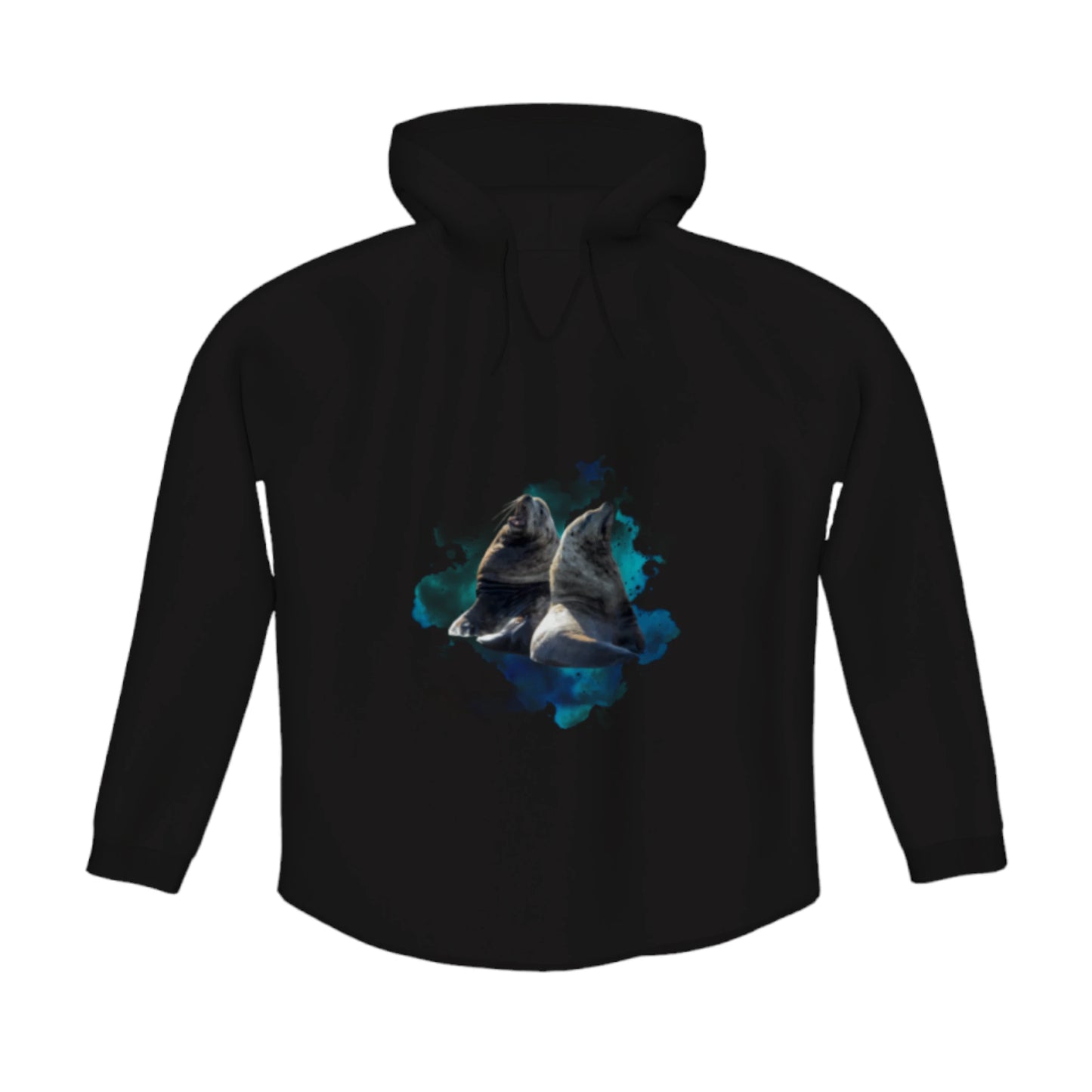 Sea Lions Flow Pullover Hoodie. The image is of two sea lions with a colourful abstract background.