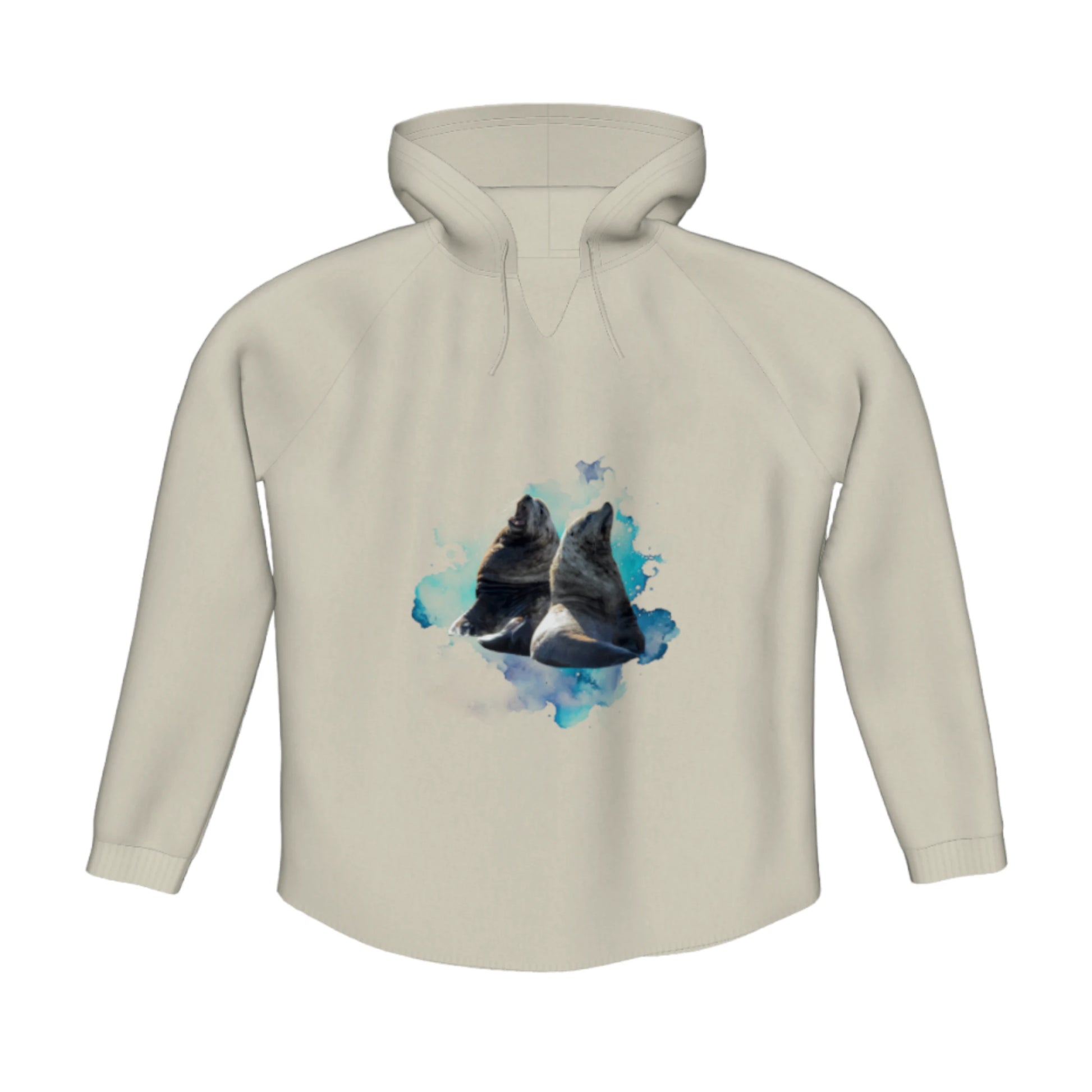 Sea Lions Flow Pullover Hoodie. The image is of two sea lions with a colourful abstract background.