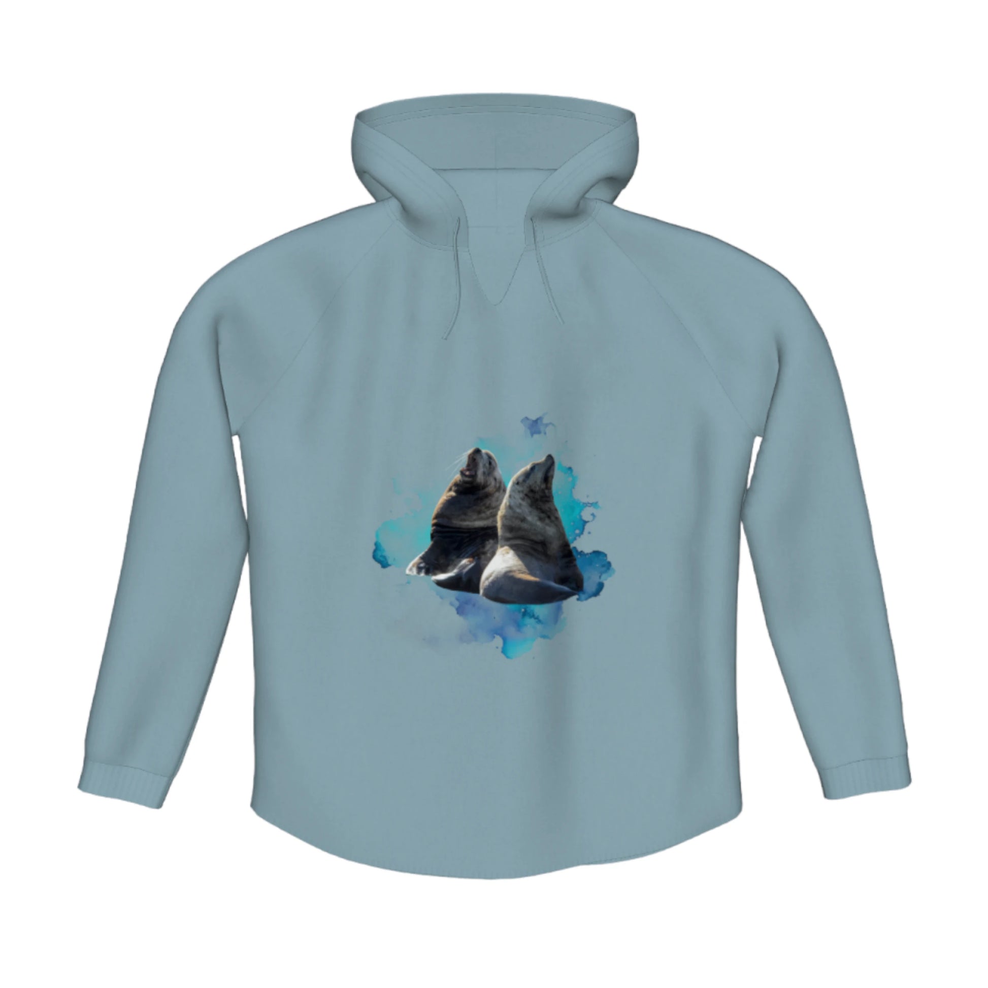 Sea Lions Flow Pullover Hoodie. The image is of two sea lions with a colourful abstract background.