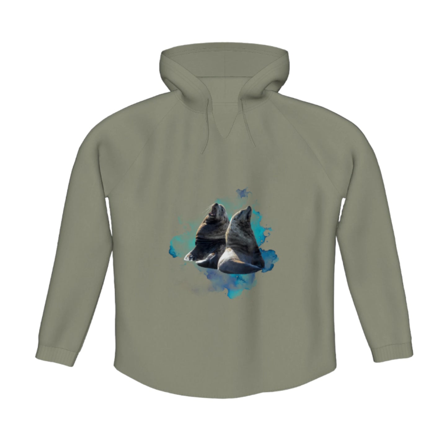 Sea Lions Flow Pullover Hoodie. The image is of two sea lions with a colourful abstract background.