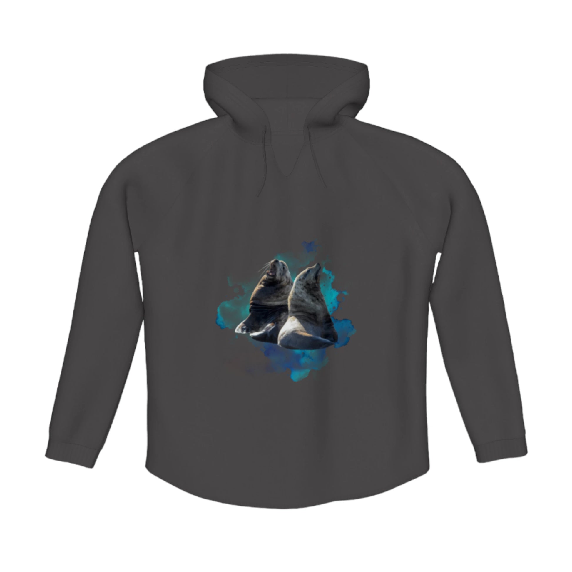 Sea Lions Flow Pullover Hoodie. The image is of two sea lions with a colourful abstract background.