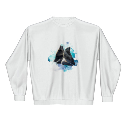 Sea Lions Premium Crewneck Sweatshirt. The image is of two sea lions with a colourful blue abstract background.