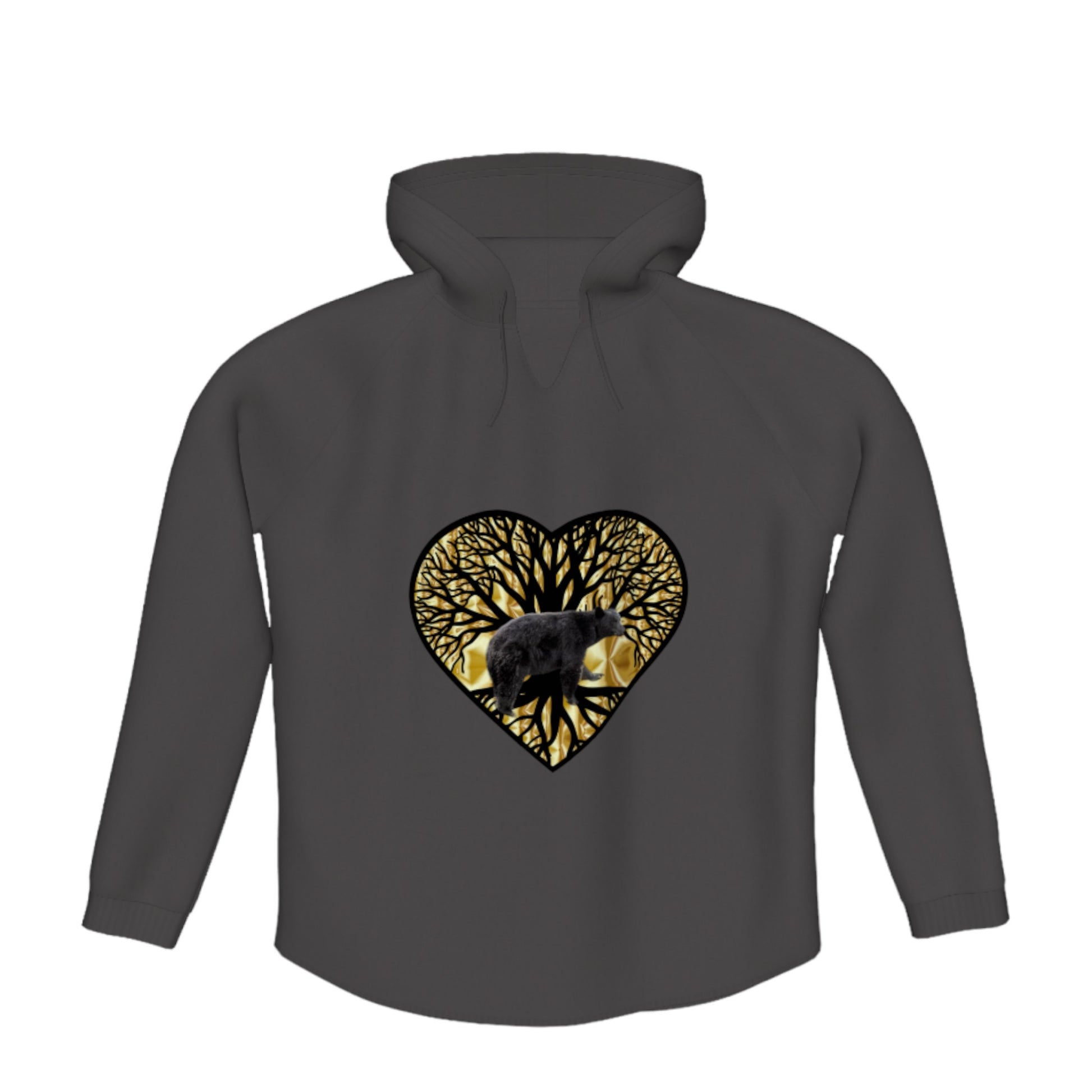 Bear Heart Flow Pullover Hoodie. The image is of a heart with a tree of life and a bear on a gold background.