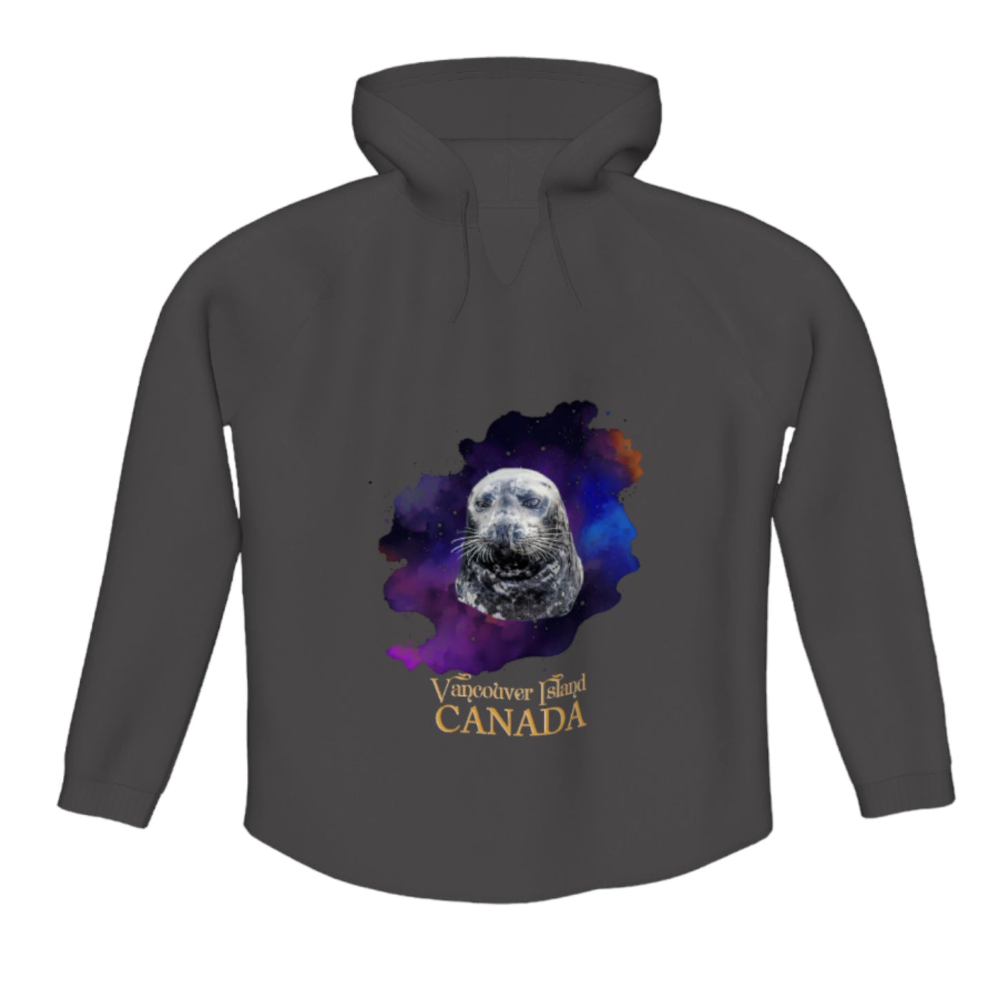 I Love Lucy Vancouver Island Canada Flow Pullover Hoodie. The image is of a harbour seal with a colourful abstract background. the words read Vancouver Island Canada