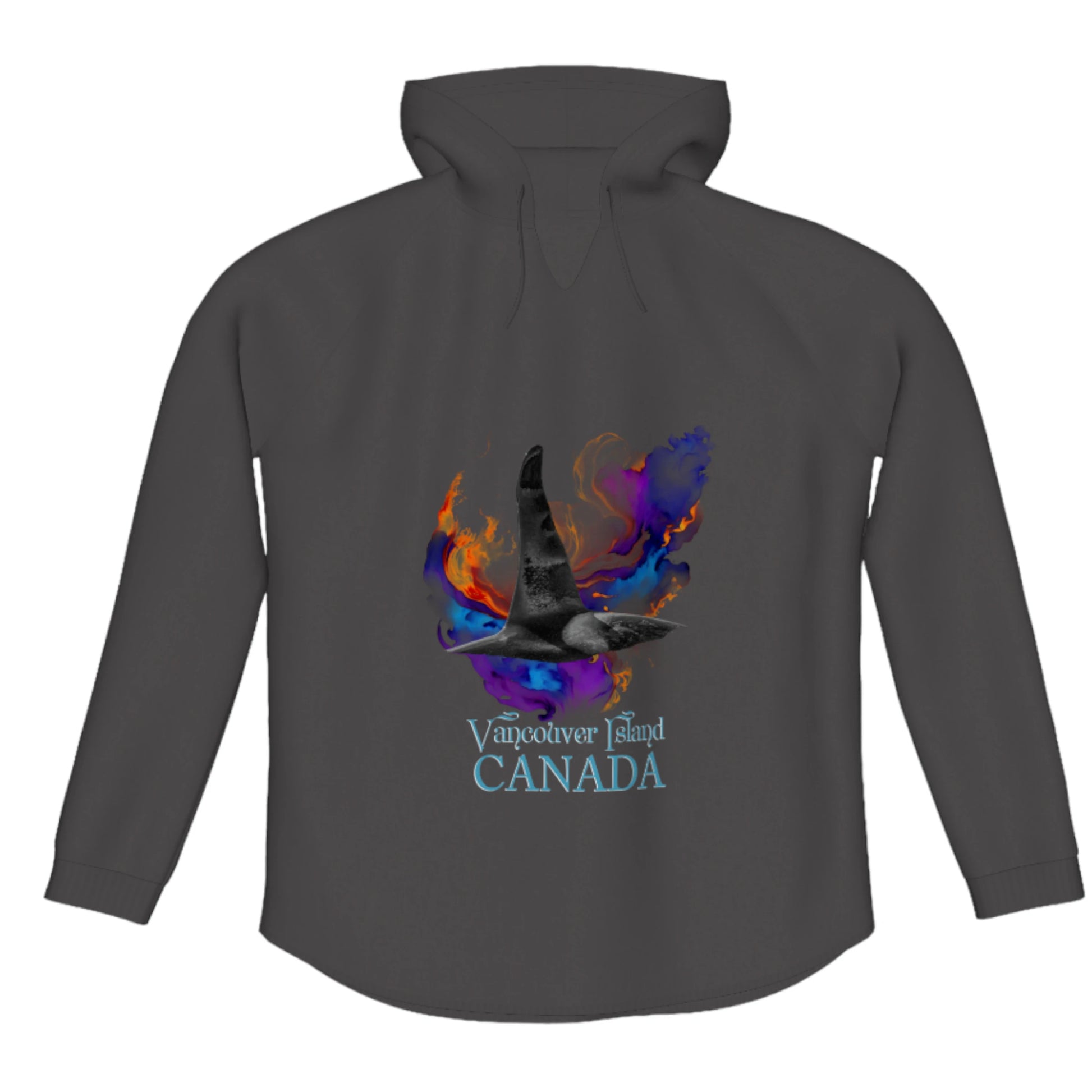 Orca Aura Vancouver Island Canada Flow Pullover Hoodie. The image is of a male orca dorsal fin on a colourful abstract background.  the words read Vancouver Island Canada