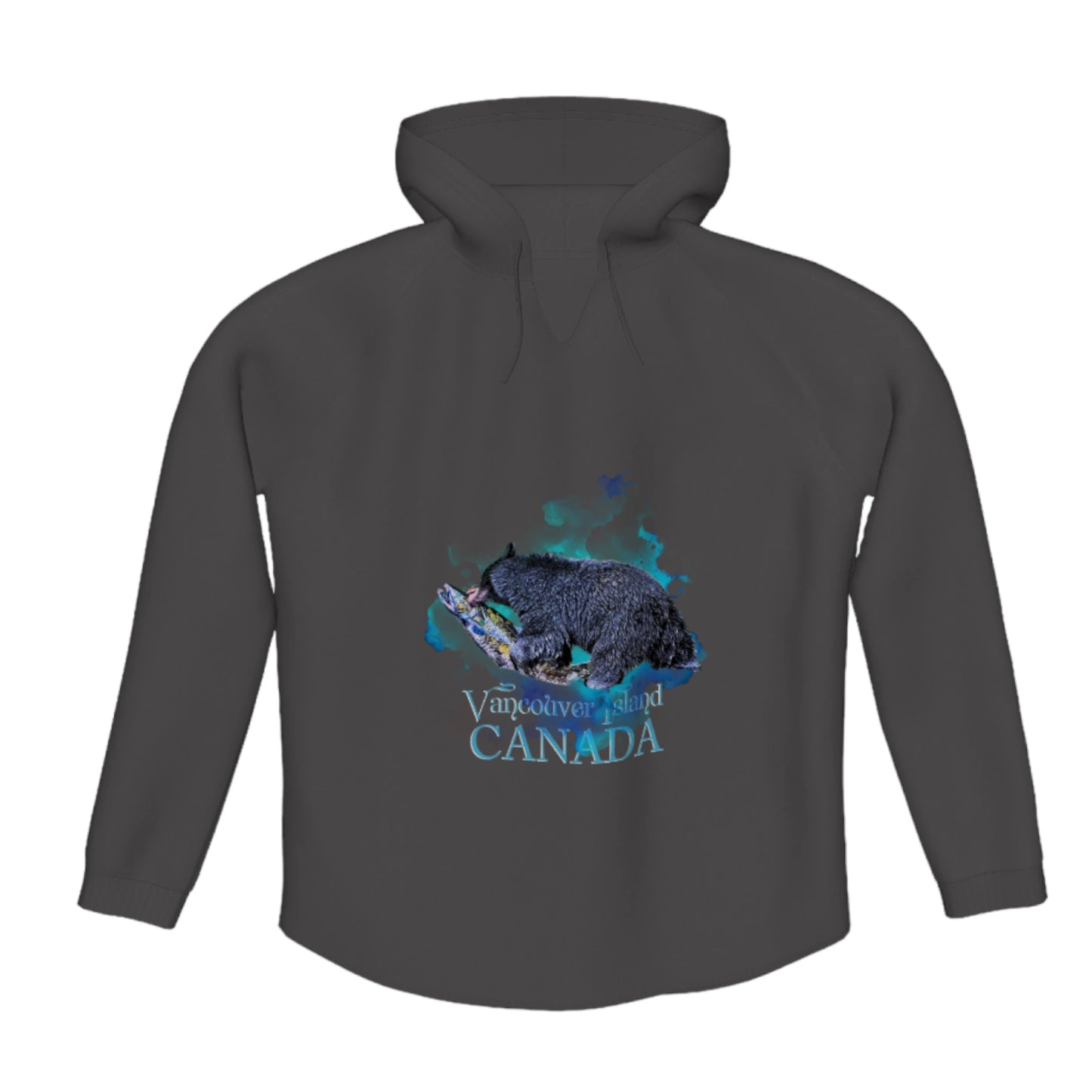 Salmon Bear Vancouver Island Canada Flow Pullover Hoodie. The image is of bear with a fresh salmon in its mouth.