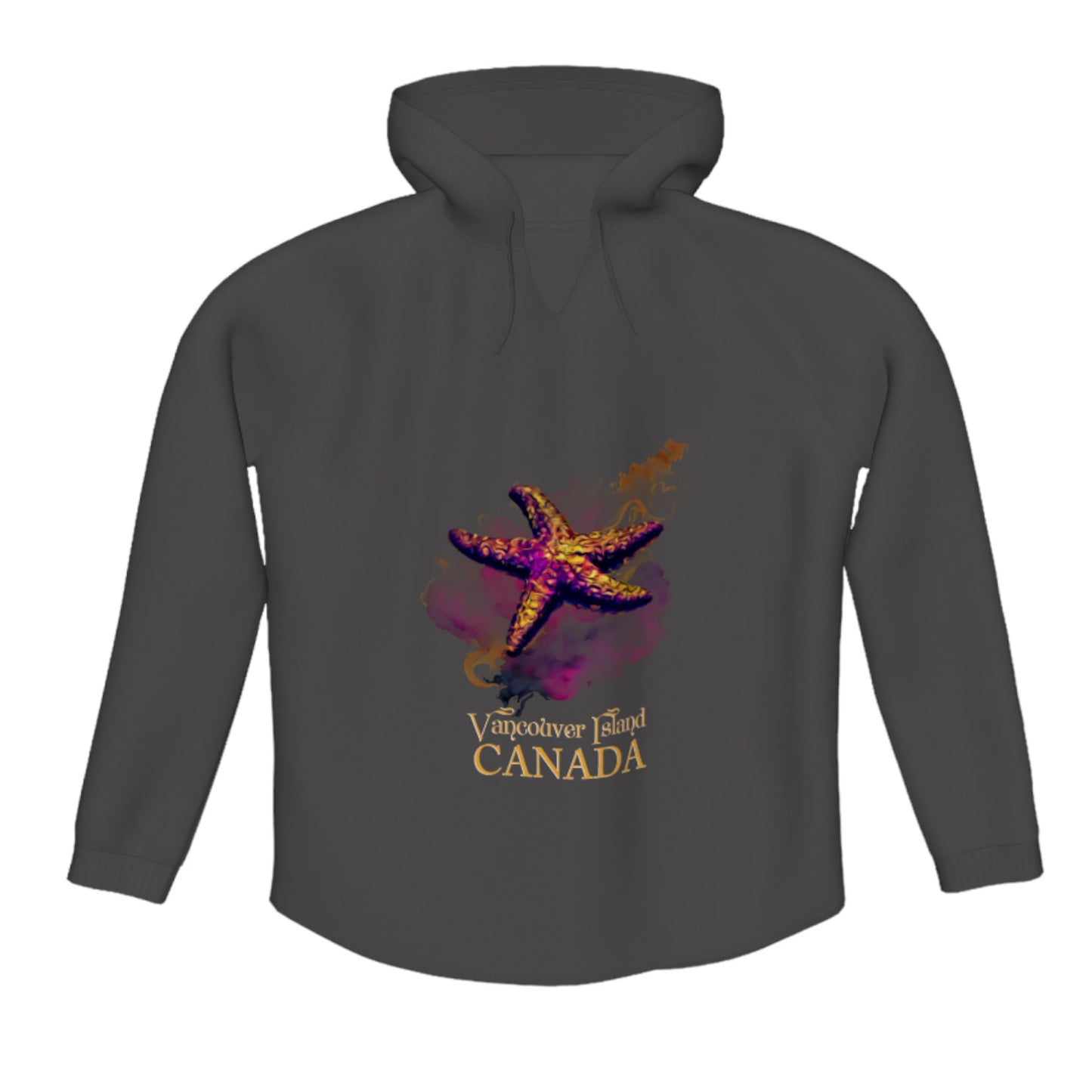 Star Track Vancouver Island Canada Flow Pullover Hoodie. The image is of a starfish on a colourful abstract background.