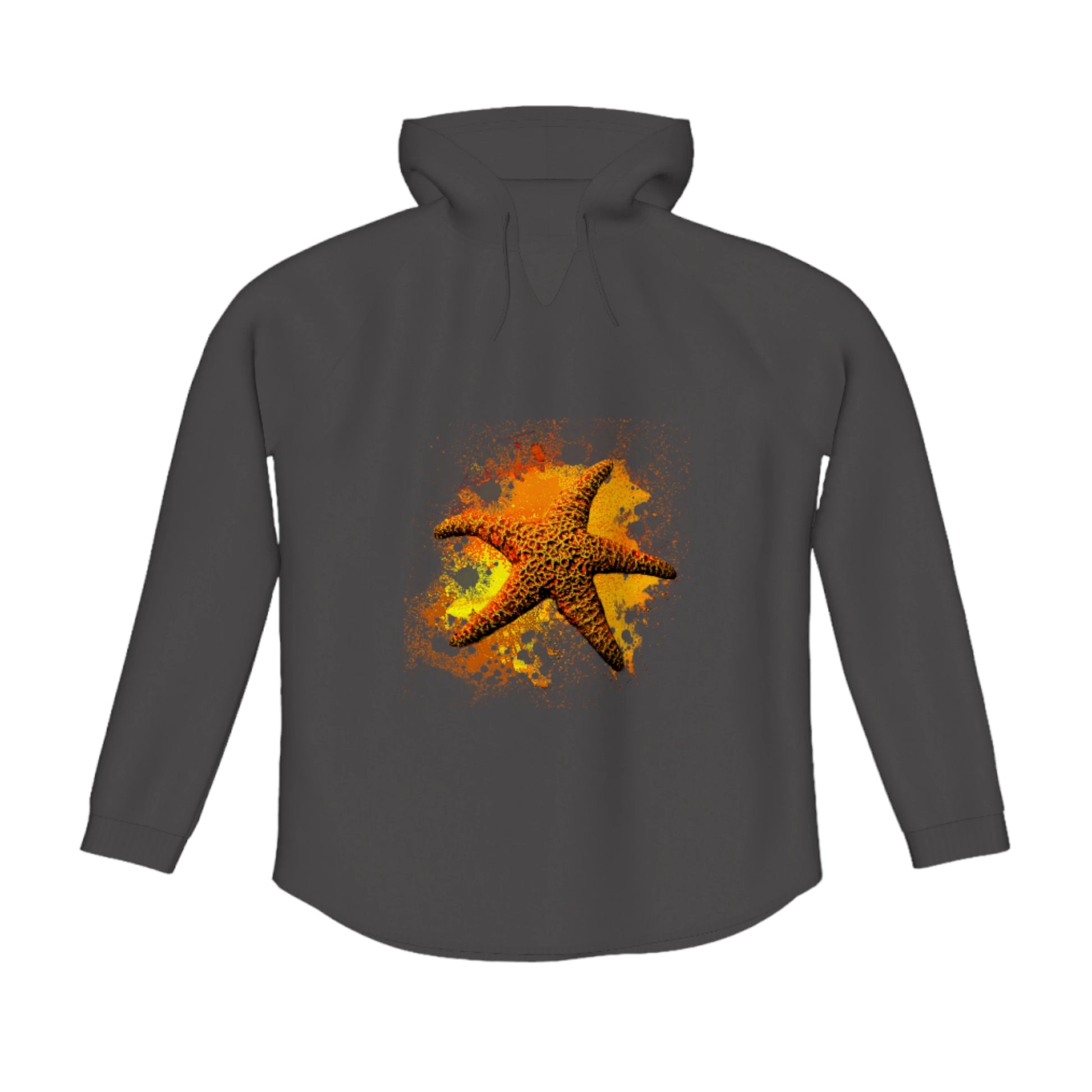 Starfish Orange Flow Pullover Hoodie. The image is of a starfish with a colourful abstract background.