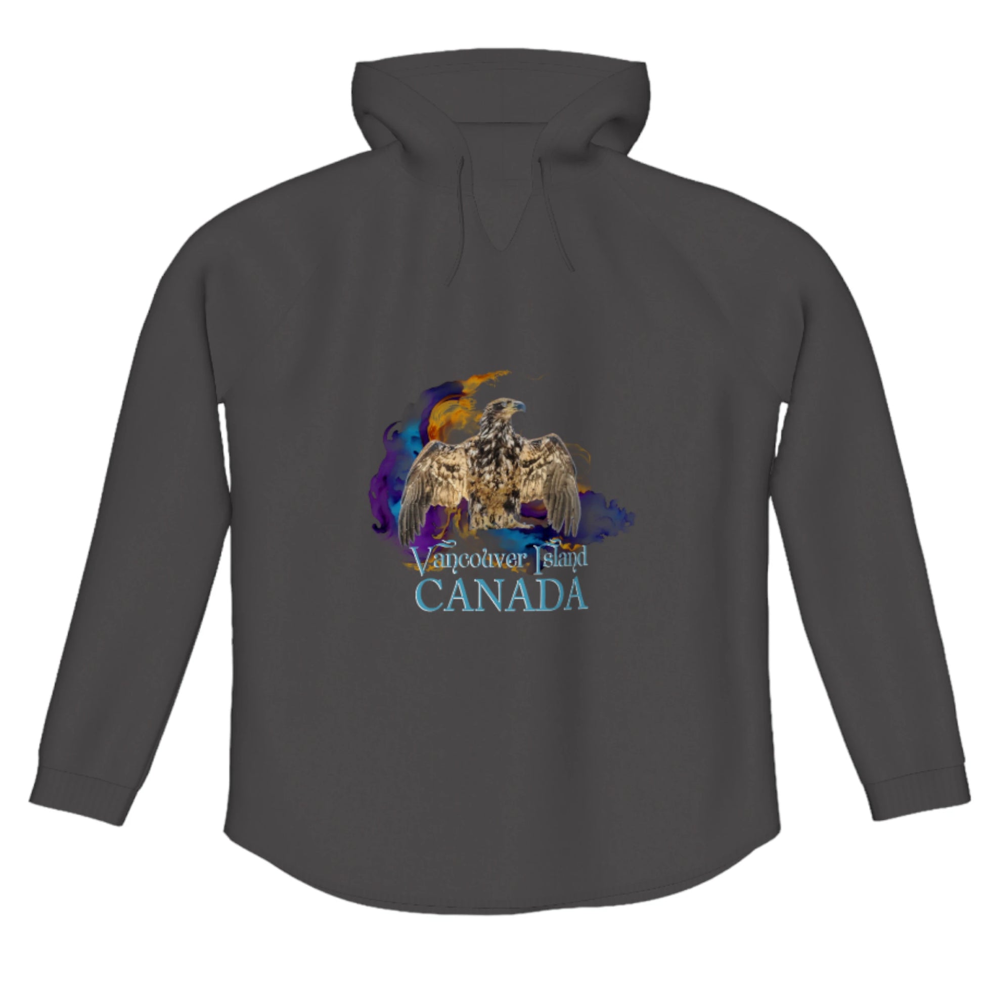 Thunderbird Vancouver Island Canada Flow Pullover Hoodie. The image is of a eagle in the thunderbird position with a colourful abstract background.  The words read Vancouver Island Canada.