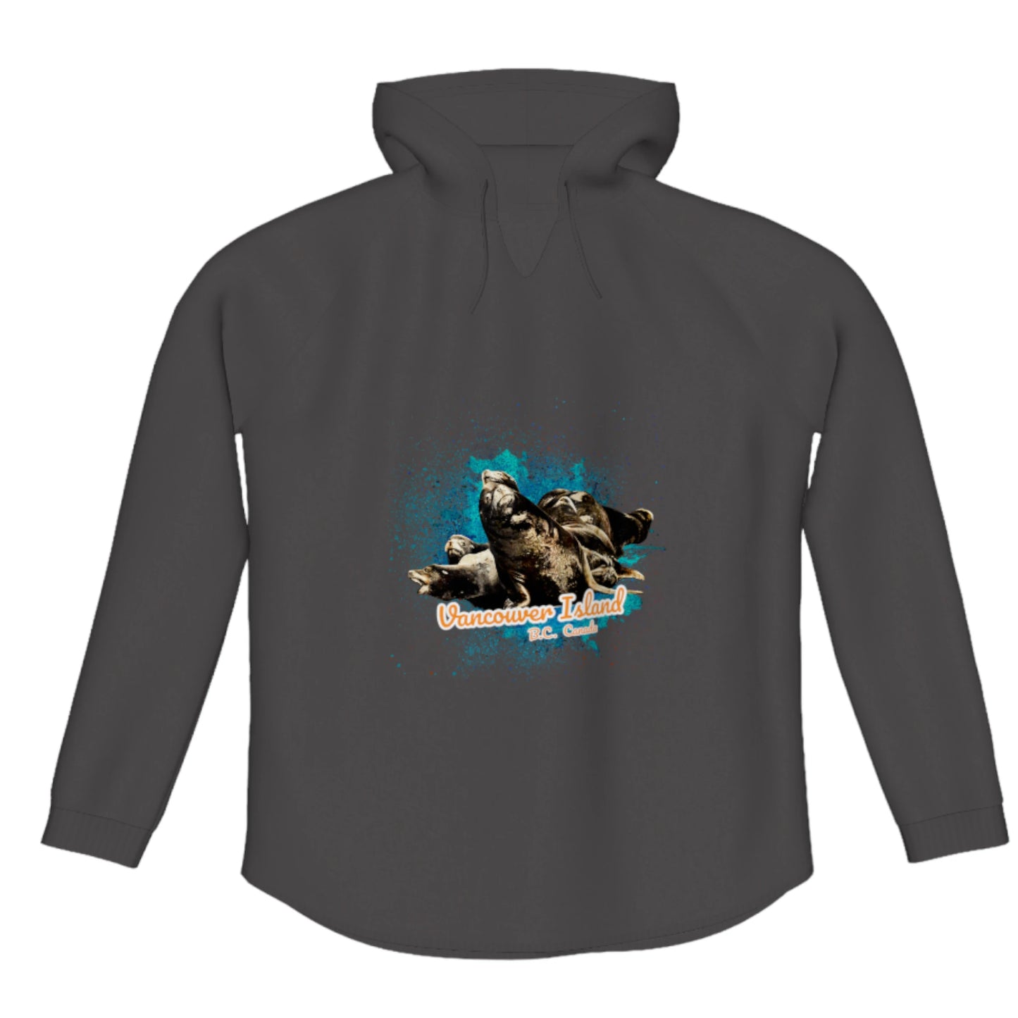 What's Up Sea Lions Vancouver Island Canada Flow Pullover Hoodie. The image is of a group of sea lions on a log raft.  The words read Vancouver Island, BC Canada