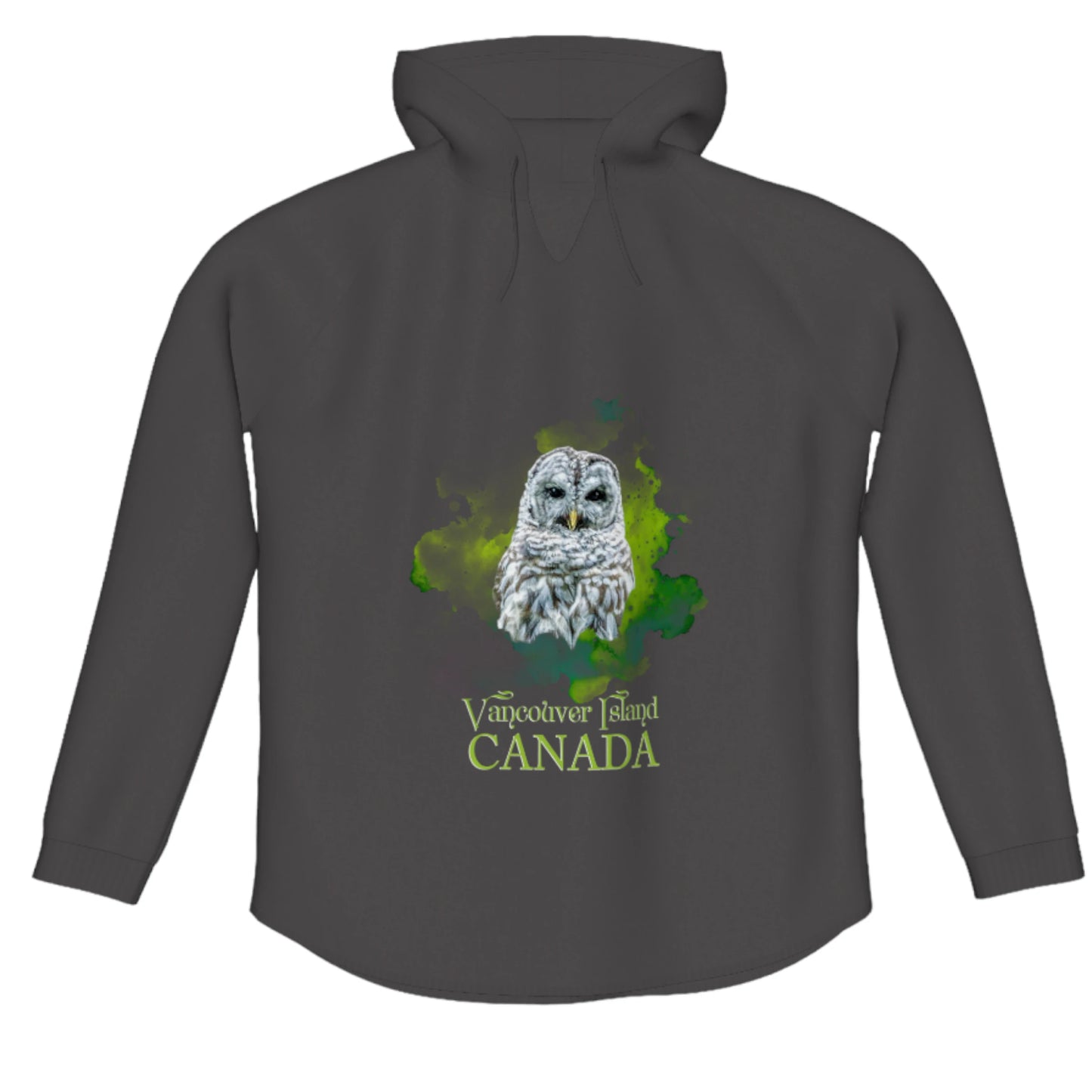 Wise Owl Vancouver Island Canada Flow Pullover Hoodie. The image is of a barred owl with a green colourful abstract background.  The words say Vancouver Island Canada.