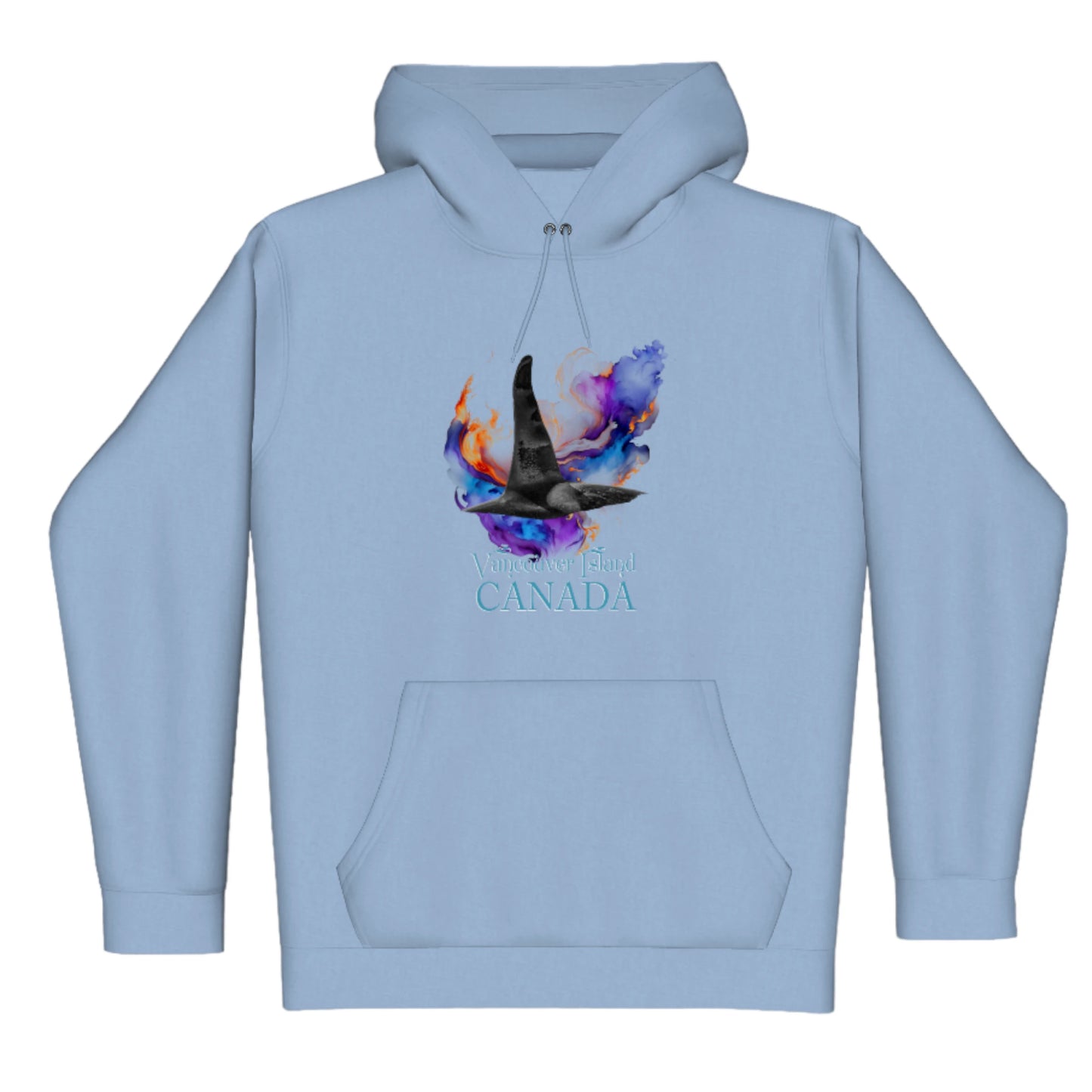 Orca Aura Vancouver Island Canada Premium Pullover Hoodie. The image is of male orca dorsal fin with a colourful abstract background.  The words read Vancouver Island Canada.