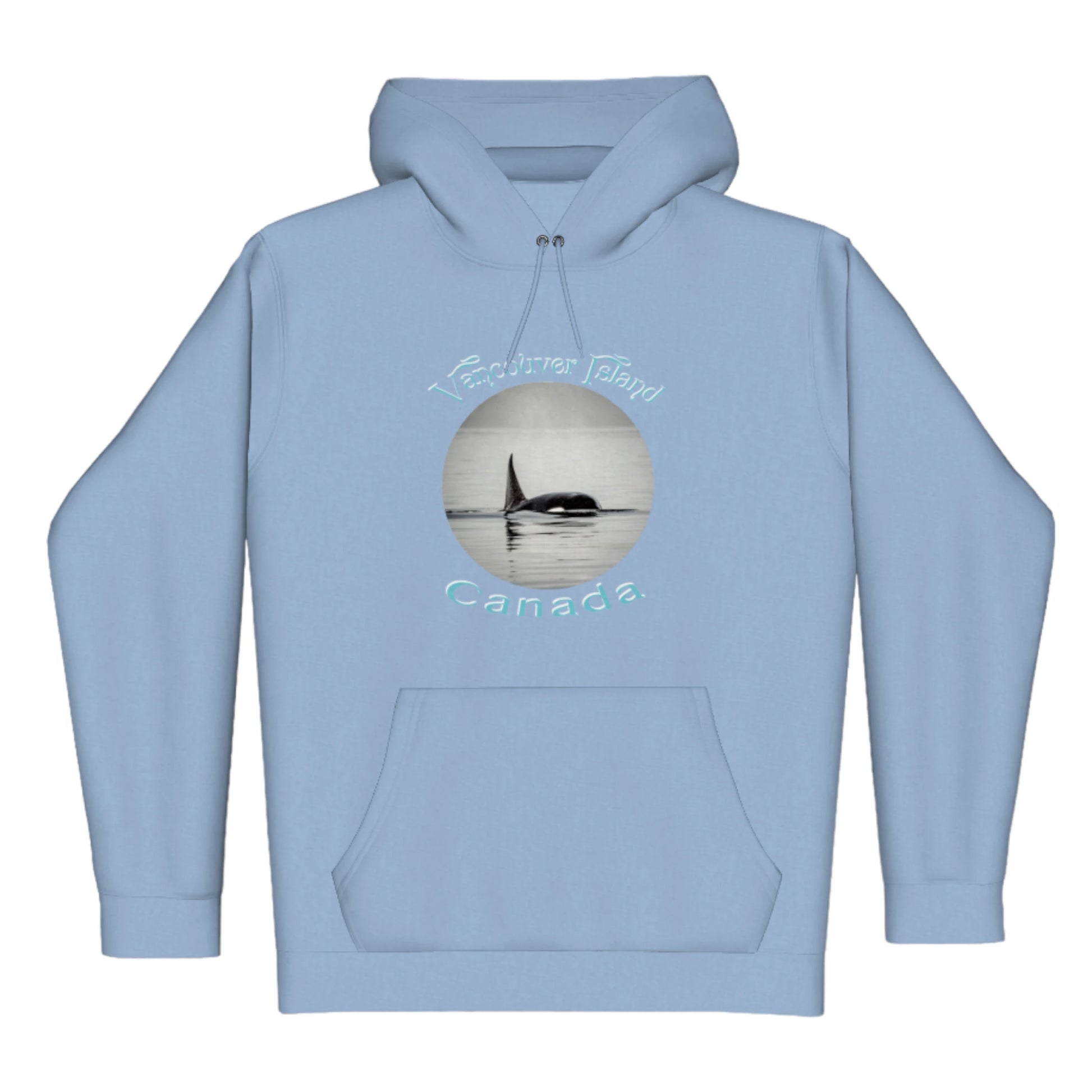 Orca Spray Vancouver Island Canada Premium Pullover Hoodie. The image is of a orca swimming in the Johnstone Strait. the words read Vancouver island Canada.