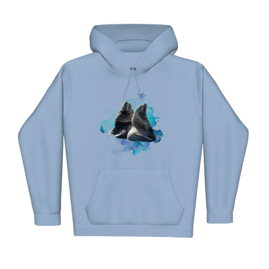 Sea Lions Premium Pullover Hoodie. The image is of two sea lions with a blue abstract background.