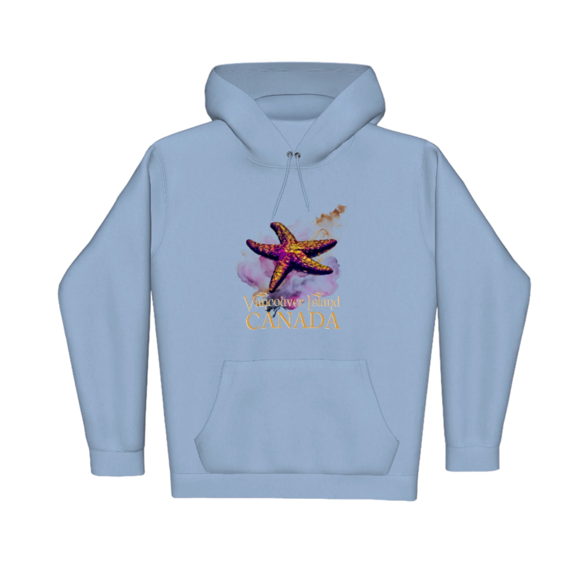 Star Track Vancouver Island Canada Premium Pullover Hoodie. The image is of a starfish with a colourful abstract background. The words read Vancouver Island Canada.