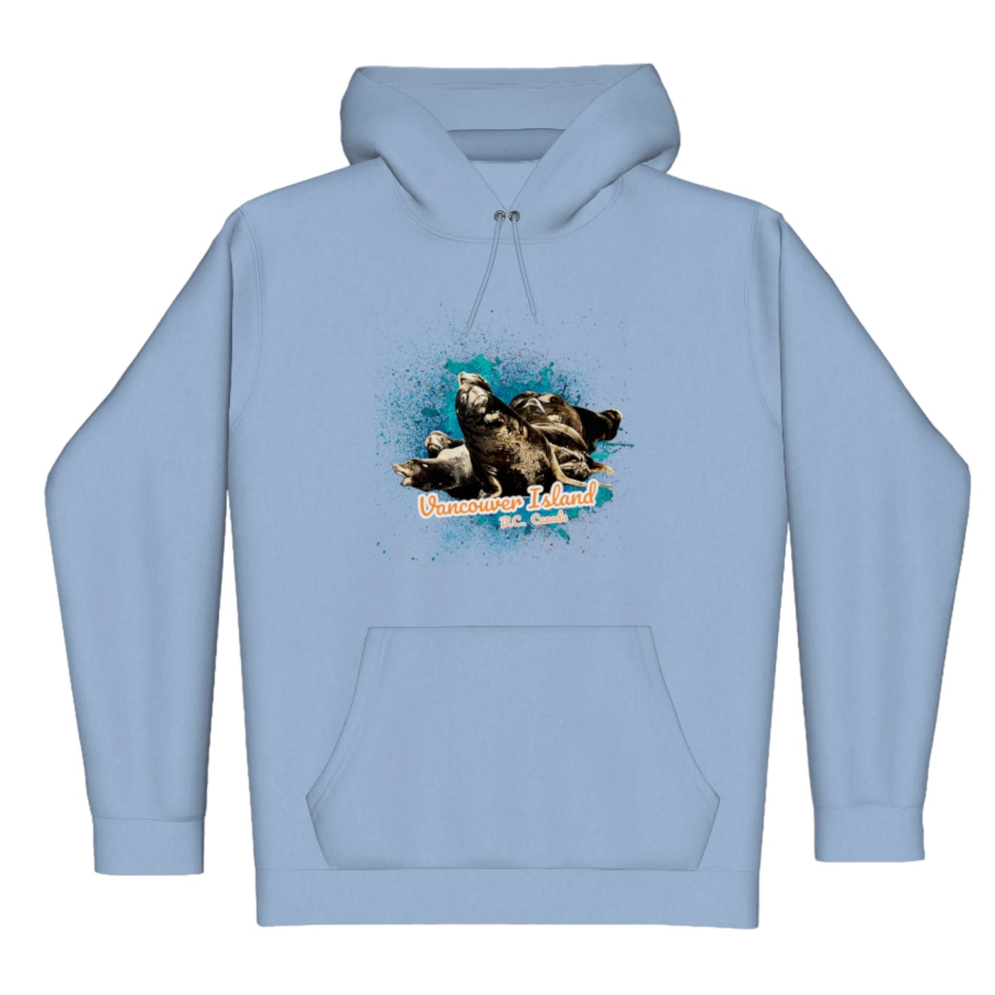 What's Up Sea Lions Vancouver Island BC Canada Premium Pullover Hoodie. The image is of a  group of sea lions on a log raft. The words read Vancouver Island BC Canada.