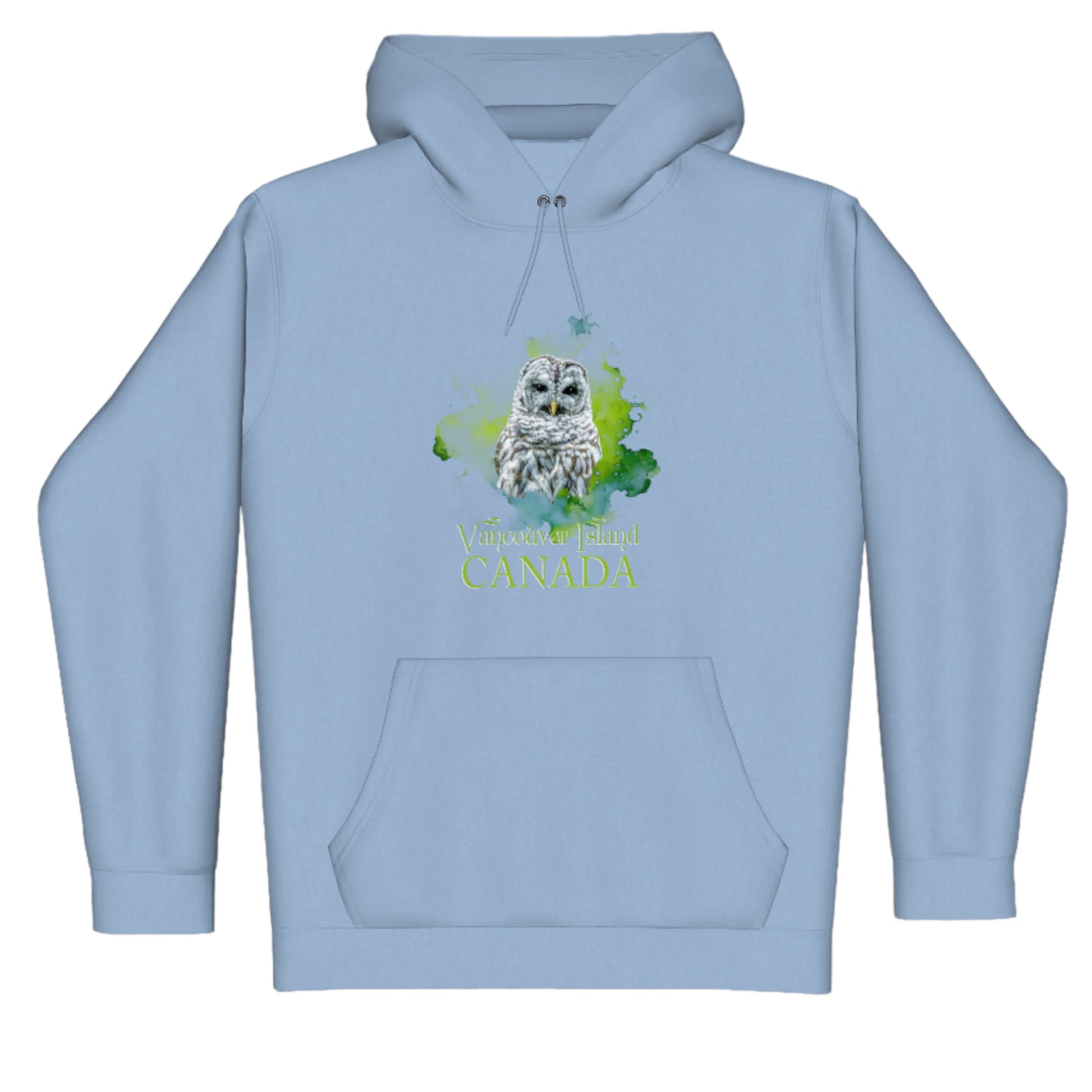 Wise Owl Vancouver Island Canada Premium Pullover Hoodie. The image is of a barred owl with a colourful green abstract background, The words read Vancouver Island Canada.