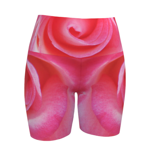 All over print Sparkle Rose Yoga Shorts features a pink rose as the image on the shorts