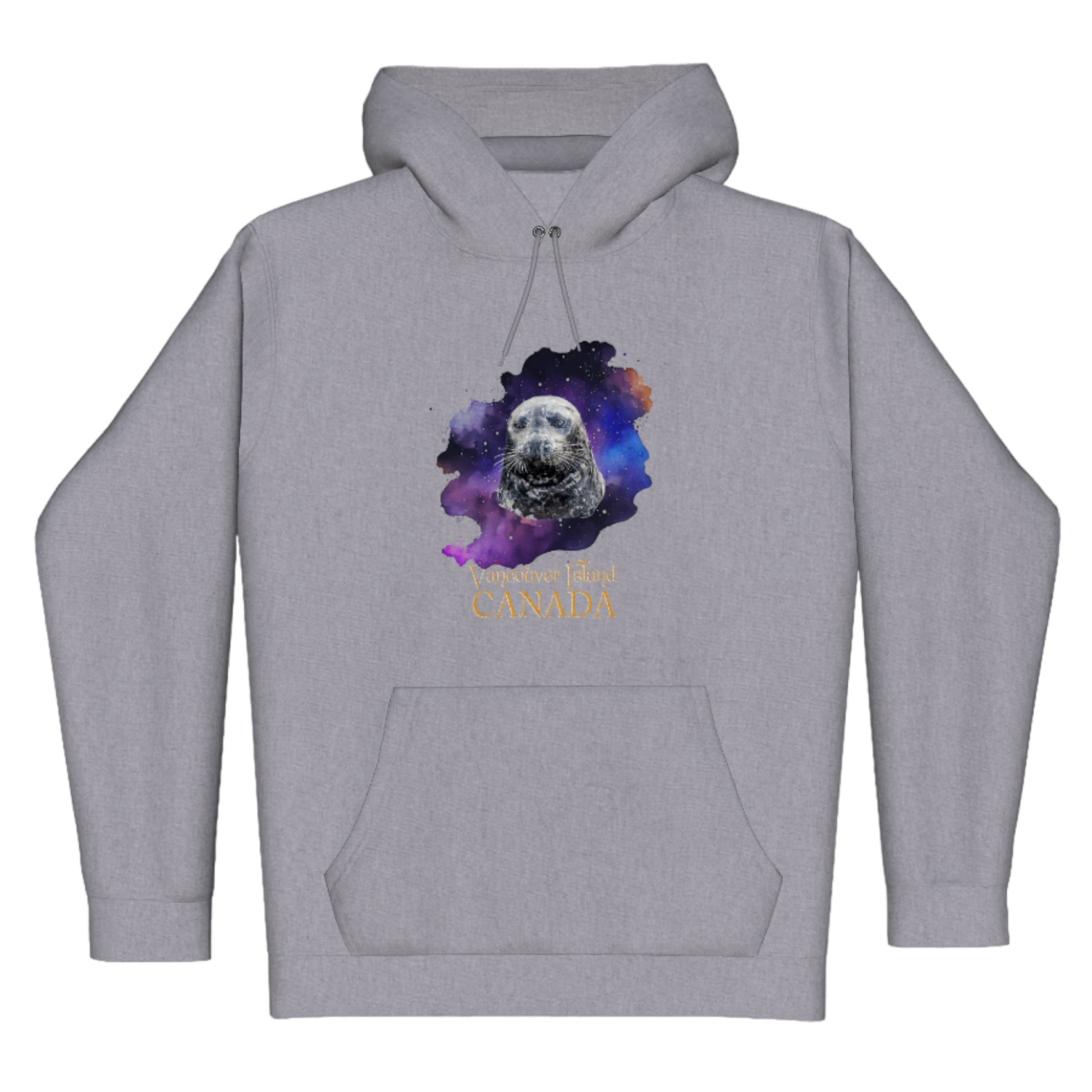 I Love Lucy Vancouver Island Canada Premium Pullover Hoodie. The image is of a harbour seal with a colourful abstract background.  The words read Vancouver Island Canada.