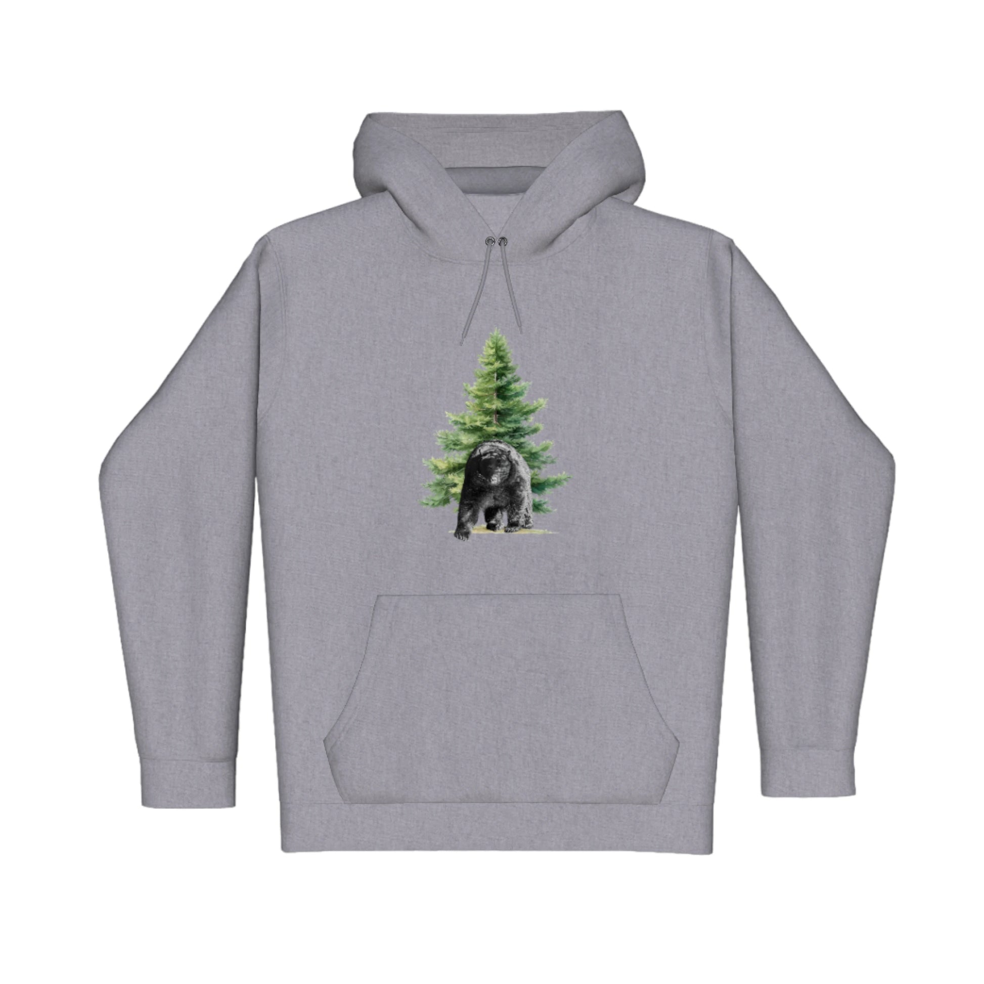 Observant Bear Premium Pullover Hoodie. the image is of a bear in front of tree.