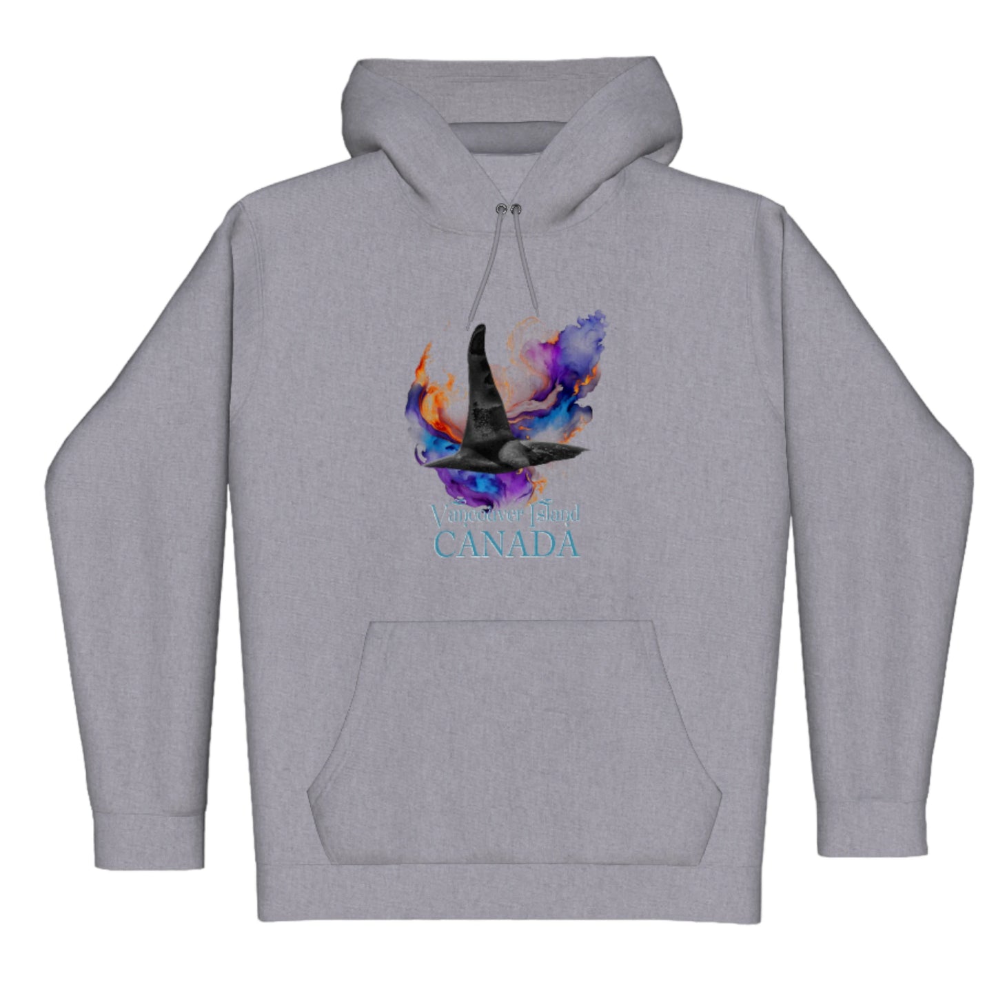 Orca Aura Vancouver Island Canada Premium Pullover Hoodie. The image is of male orca dorsal fin with a colourful abstract background.  The words read Vancouver Island Canada.