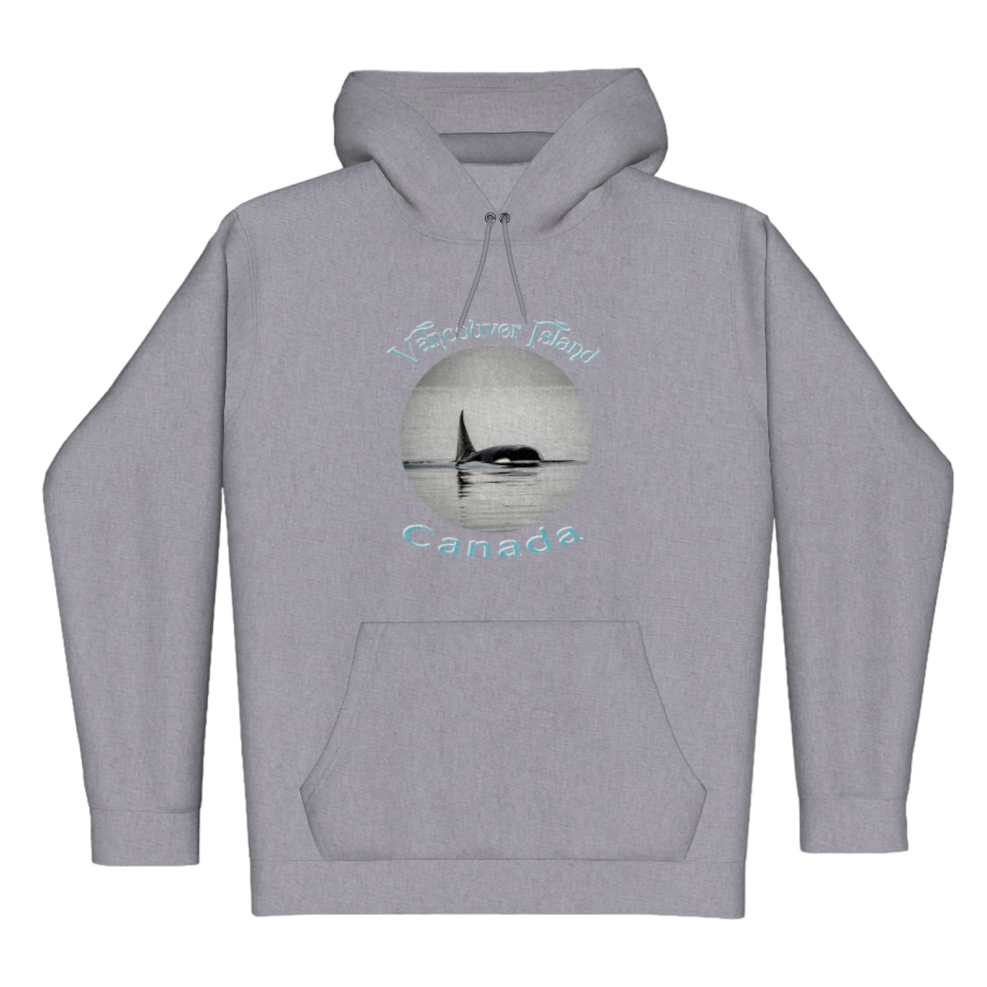 Orca Spray Vancouver Island Canada Premium Pullover Hoodie. The image is of a orca swimming in the Johnstone Strait. the words read Vancouver island Canada.