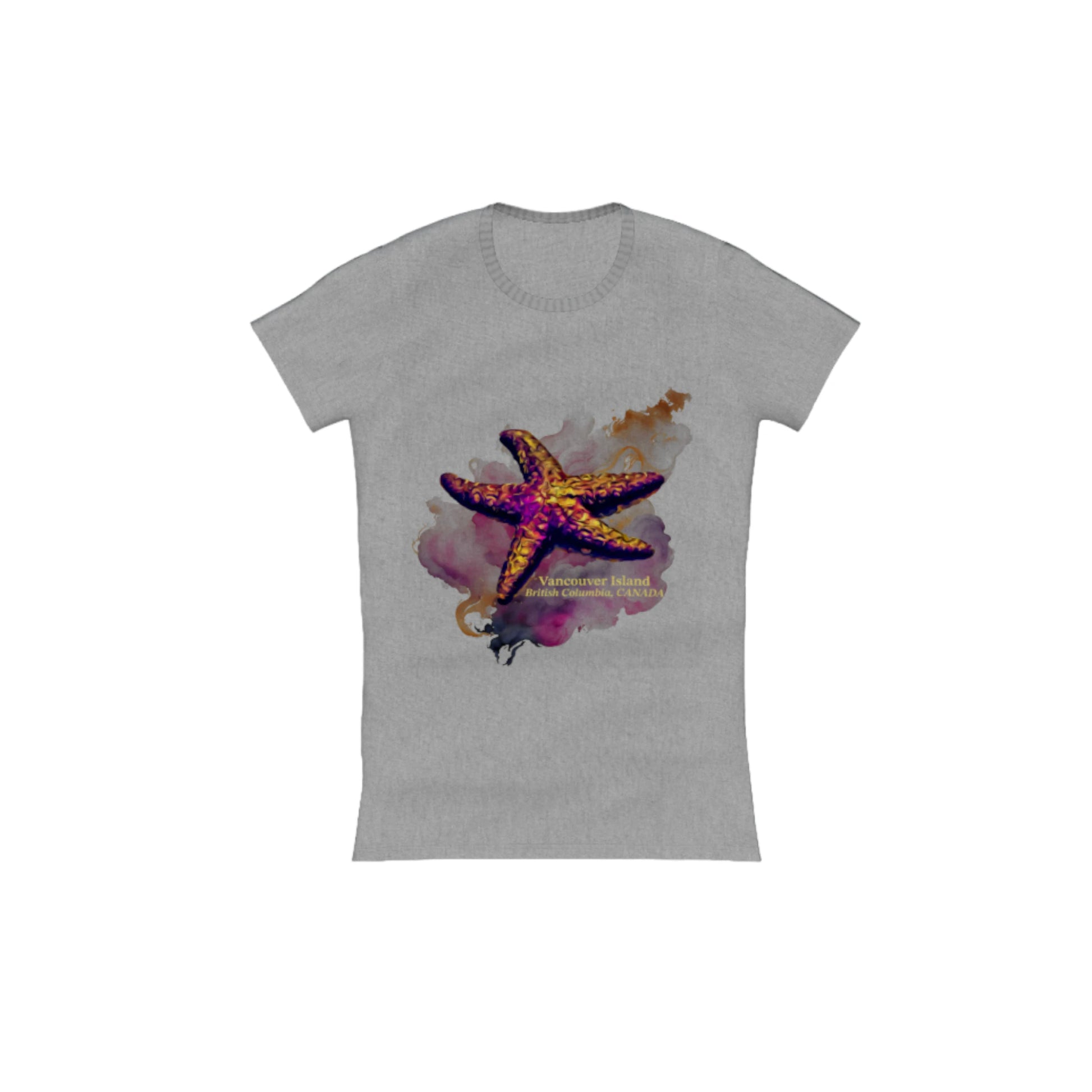Star Track Vancouver Island BC Canada Comfort Slim Fit T-shirt. The image is of a starfish with a colourful abstract background. The words read Vancouver Island British Columbia Canada