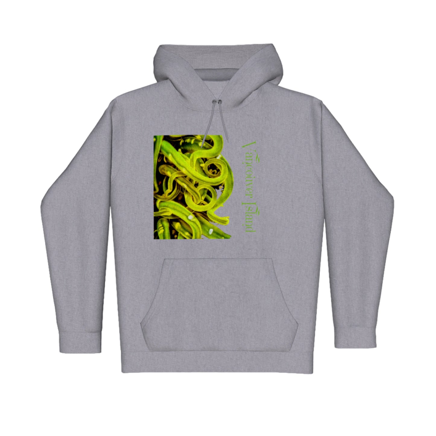 Vancouver Island Sea Anemone Premium Pullover Hoodie. The image is of a green sea anemone tentacles under water. The words are Vancouver Island.